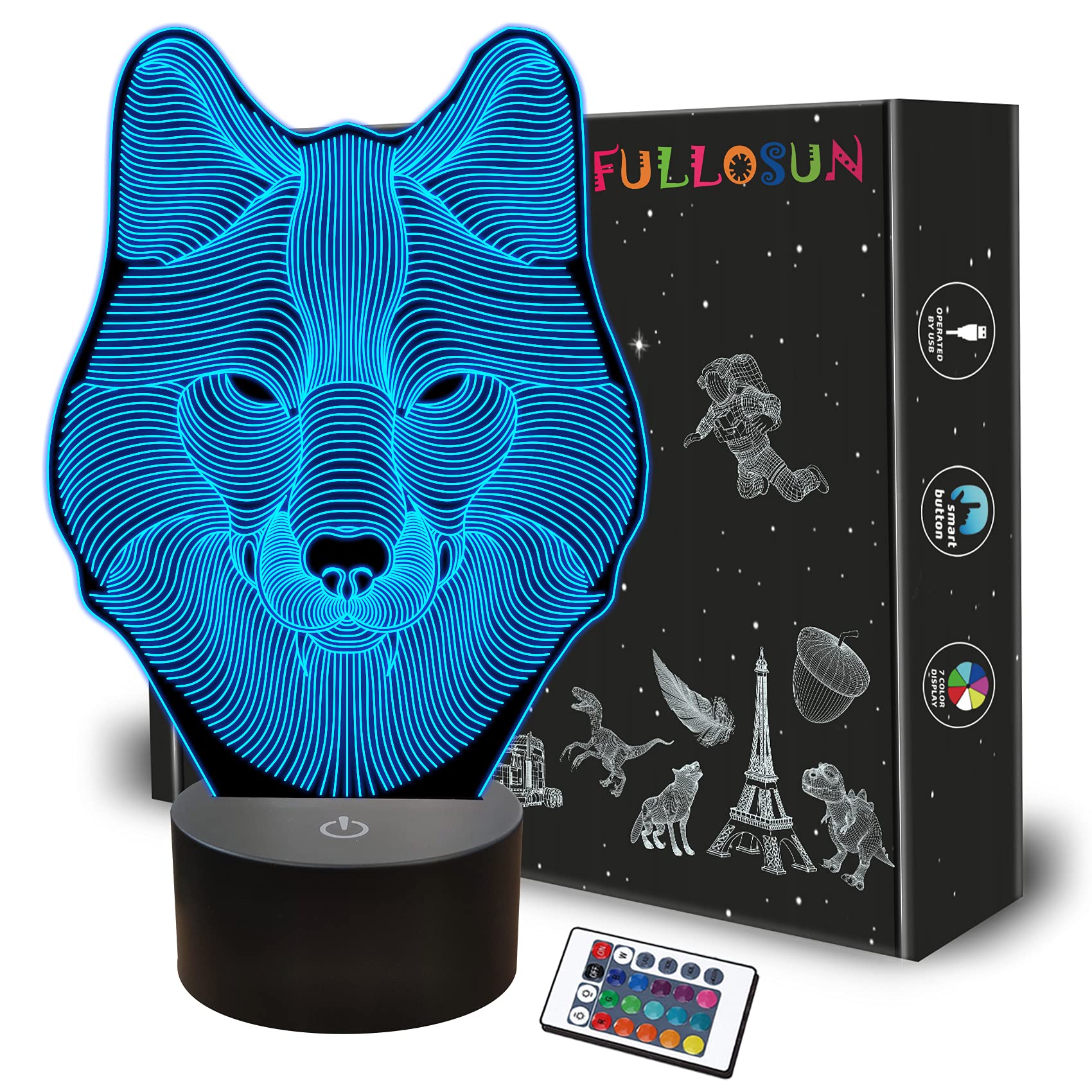 FULLOSUN 3D Wolf Night Light, Acrylic Optical Illusion Lamp, Remote Controller, 16 Color Changing, Model FS-3242, Blue-Wolf