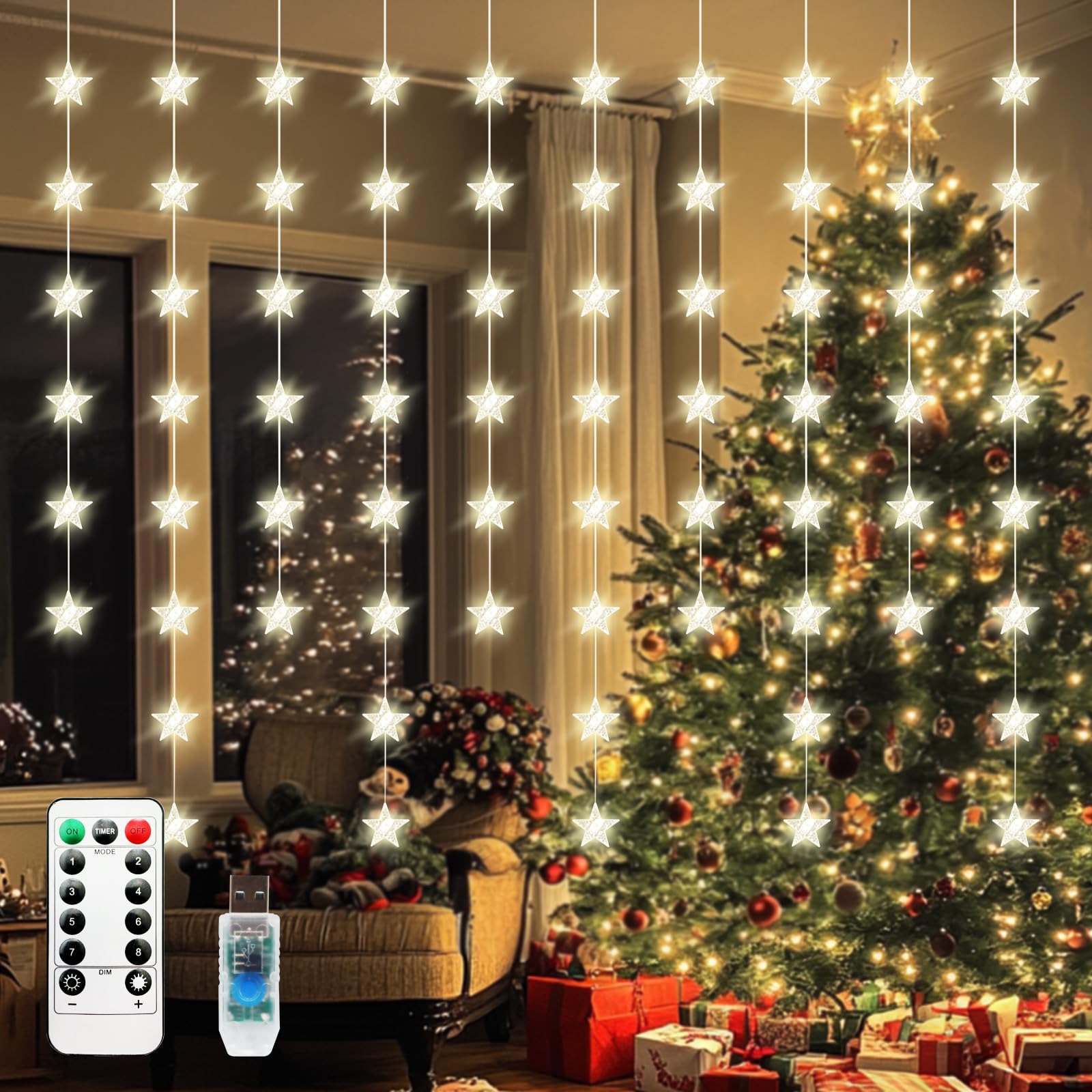 Patioman Star Curtain Lights, Warm White LED Twinkle String Lights, 70 Stars, Remote Control, Model PMFL02
