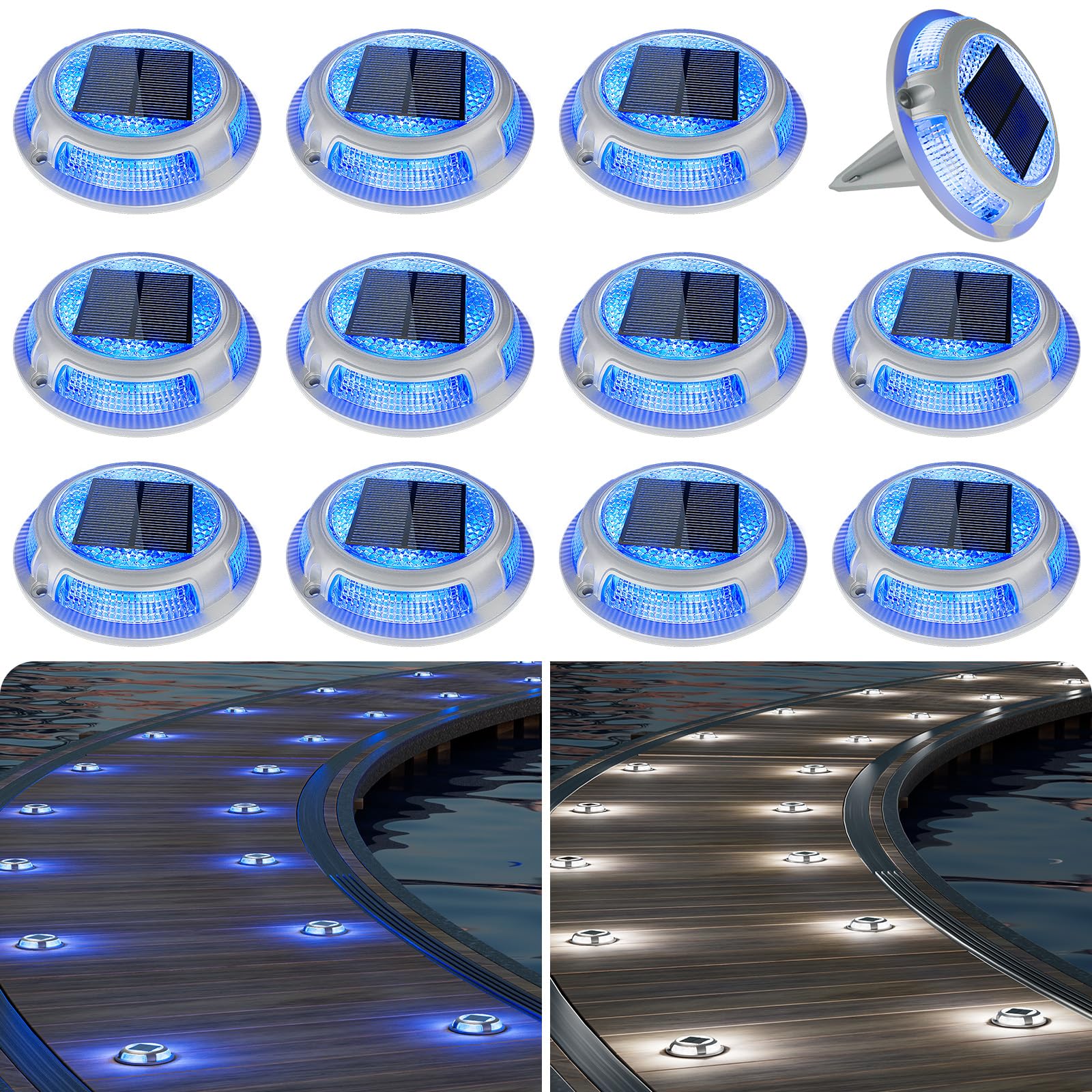 VOLISUN Solar Driveway & Deck Lights 12 Pack Waterproof Dock & Marine Ground Lights,2-in-1 Blue & White LED,Solar Marker for Pat