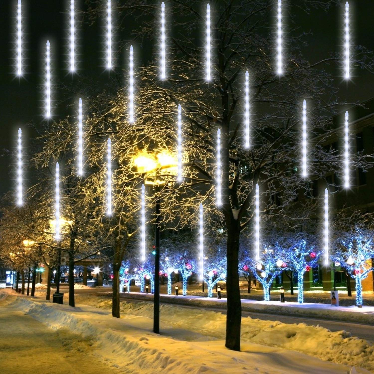FUNPENY Meteor Shower Rain Lights, 288 LED Icicle Lights, White, Model HB-300COI, Outdoor Christmas Decoration