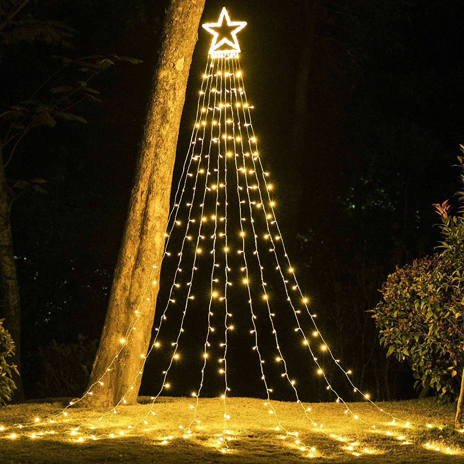 Christmas Decorations Star String Lights, 320 Leds Outdoor Waterfall Tree Lights With 13" Topper Star, Plug In Waterproof Hanging Fairy Lights For Xmas New Year Holiday Party Yard Decor (Warm White)