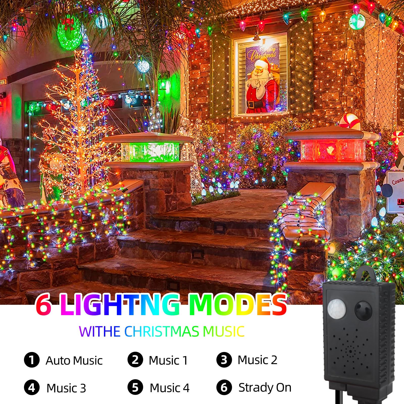 Music Motion Sensor Christmas String Lights 105Ft 300 Led,Multicolour Christmas Tree Lights,End To End Plug In 6 Modes Decorativ