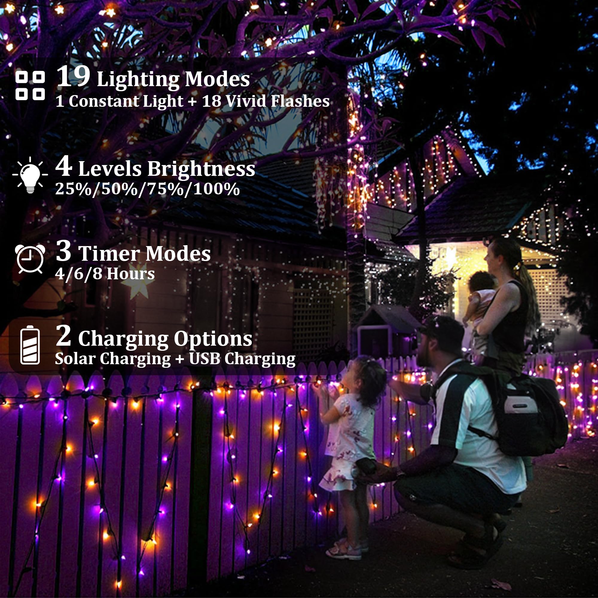 2-Pack 200Ft Halloween Solar String Lights For Outside, 600 Led Extra-Bright Solar Light Outdoor With 19 Modes & Timer, Waterproof Fairy Solar Lights For Garden Patio Tree Decorations Orange & Purple