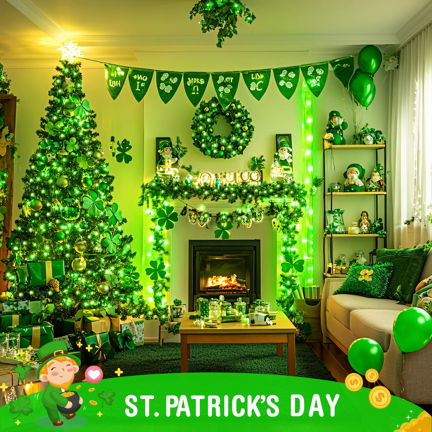 Jmexsuss 400 Led Green St Patricks Day Lights Plug In, 132Ft Christmas Lights With Remote, 8 Modes Green String Lights For St Pa