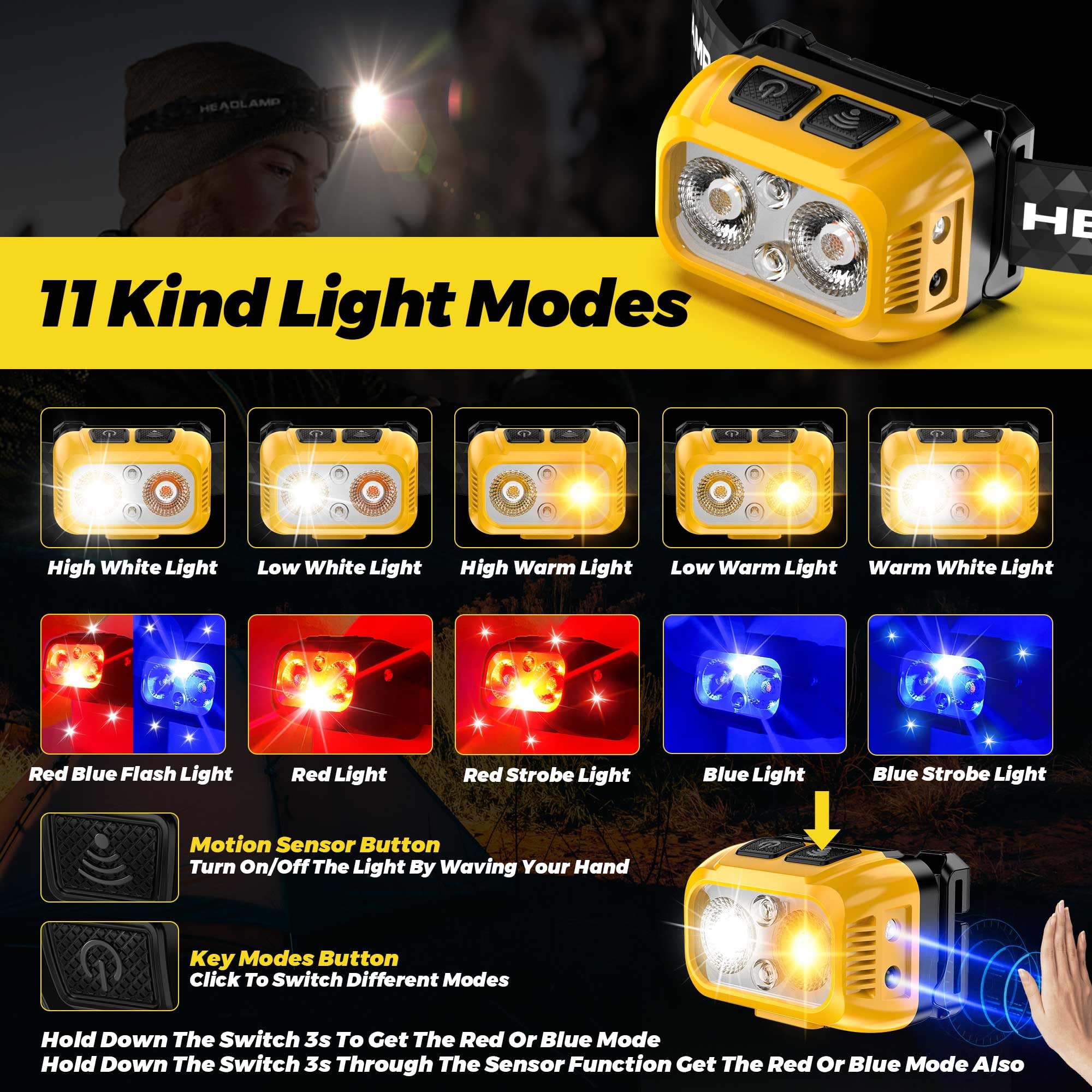 3pcs Lightweight Motion Sensor Red Light Headlamp, 3000 Lux 11 Kinds Modes Energy Saving IPX6 Waterproof Head Lamp, Adjustable H