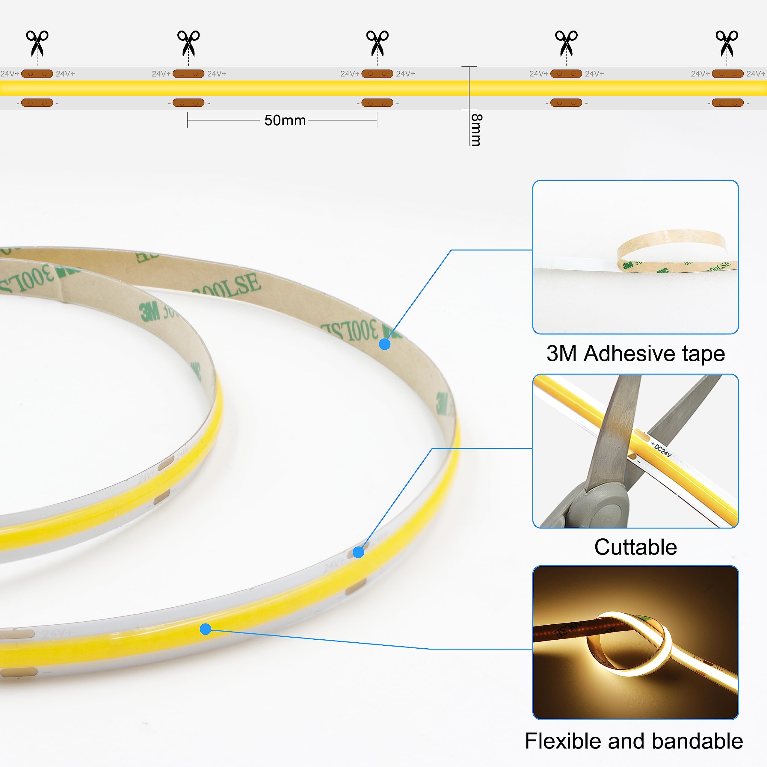 AXMOTUT COB LED Strip Light 32.8ft Warm White 2700K Dimmable with RF Remote, Model AM-320-5H227, Ideal for Bedroom & Kitchen Decoration