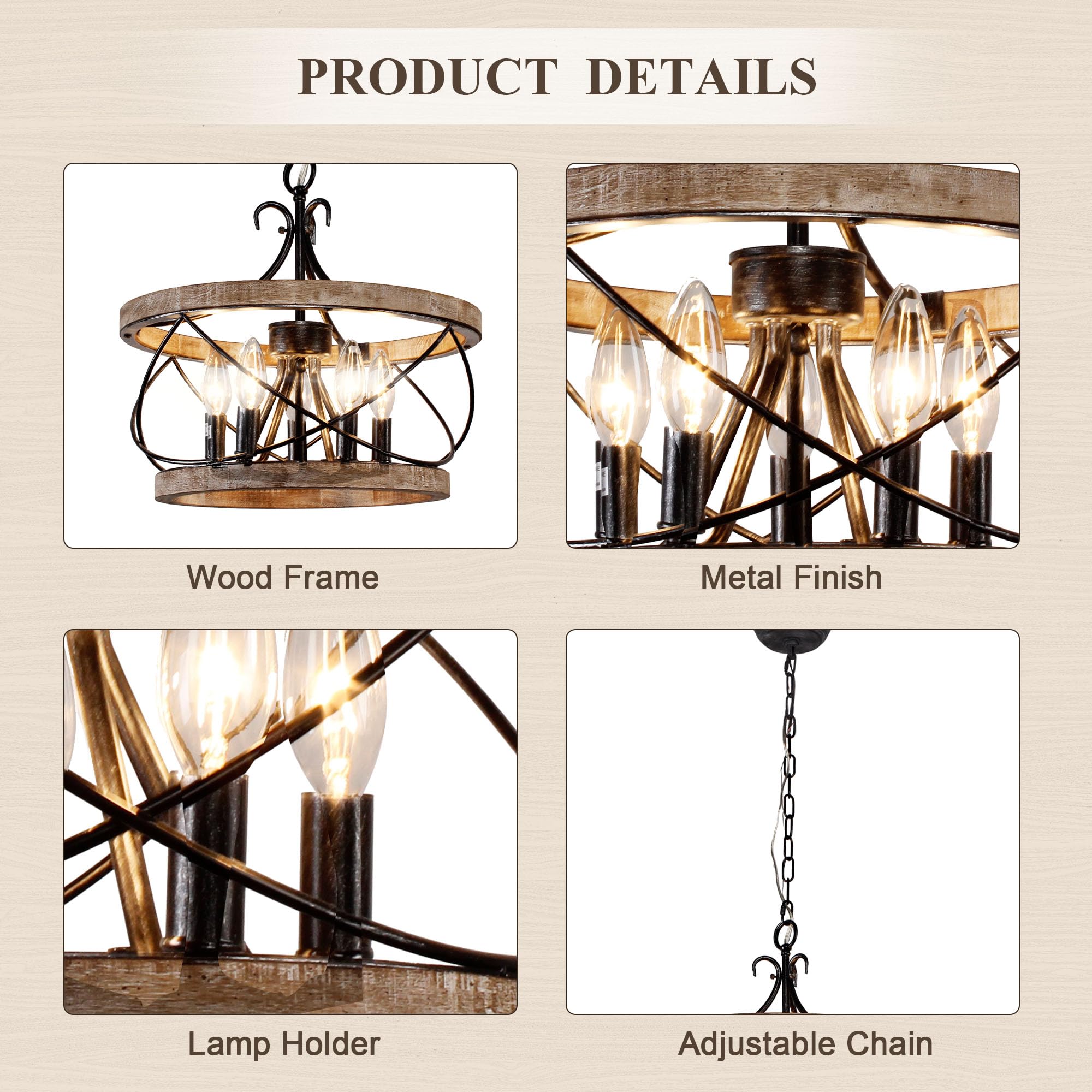 Chords Attic 5-Light Wood Chandelier, Rustic Industrial Pendant, 15.7", Brown, Model FC4059-5H for Kitchen Island & Dining Room