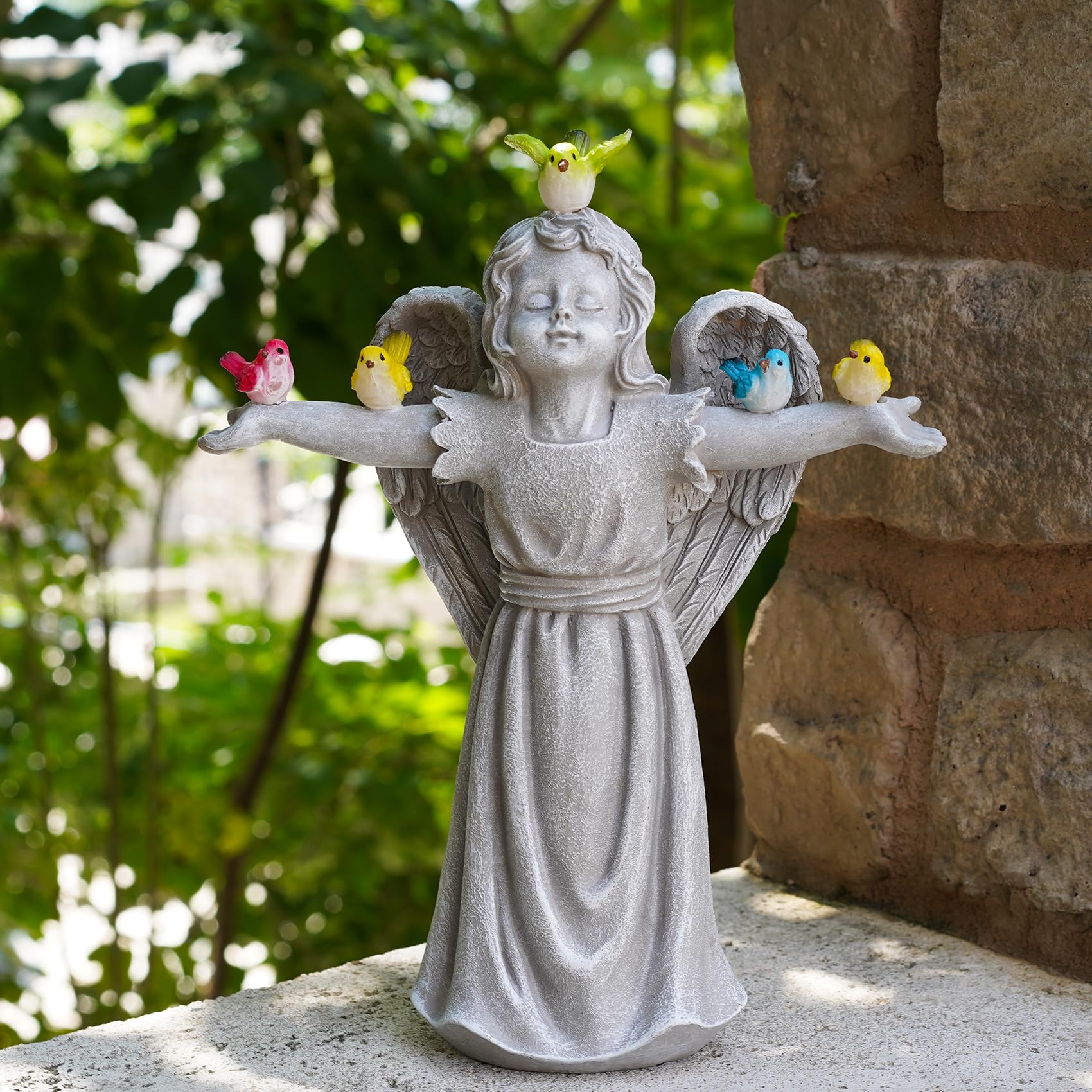 Mininova Solar Angel Garden Statue With Birds Outdoor Solar Light Decorations Resin For Yard Patio Porch Balcony Housewarming Bi