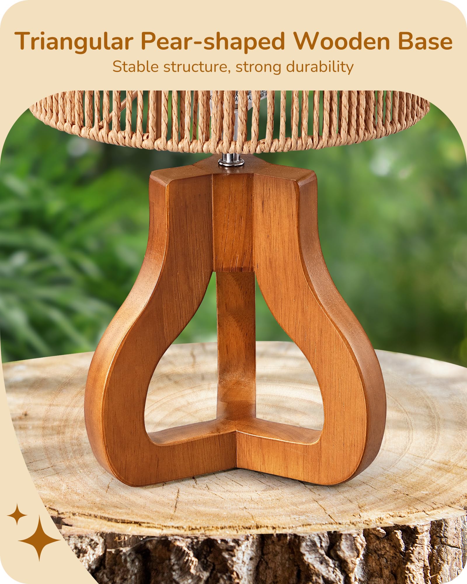 EDISHINE 14.6 Rattan Table Lamp, Rose Wood Tripod Nightstand Lamp, Handwoven Paper Rope Shade, Small Bedside Lamp for Bedroom Li