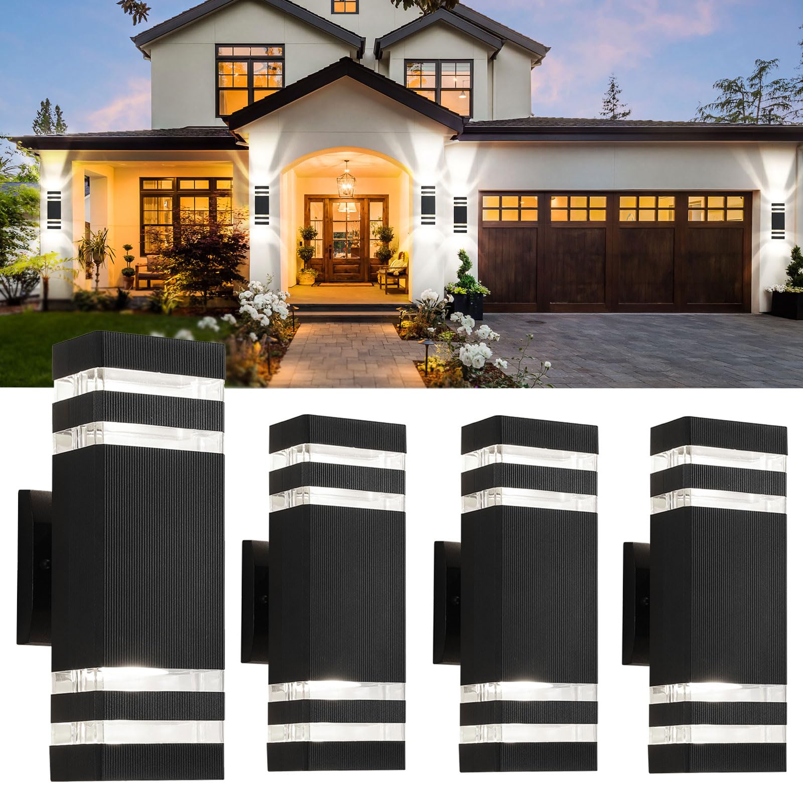 Tewei 4 Pack Black Outdoor Wall Lights, Waterproof Aluminum Up & Down Porch Lighting Fixture