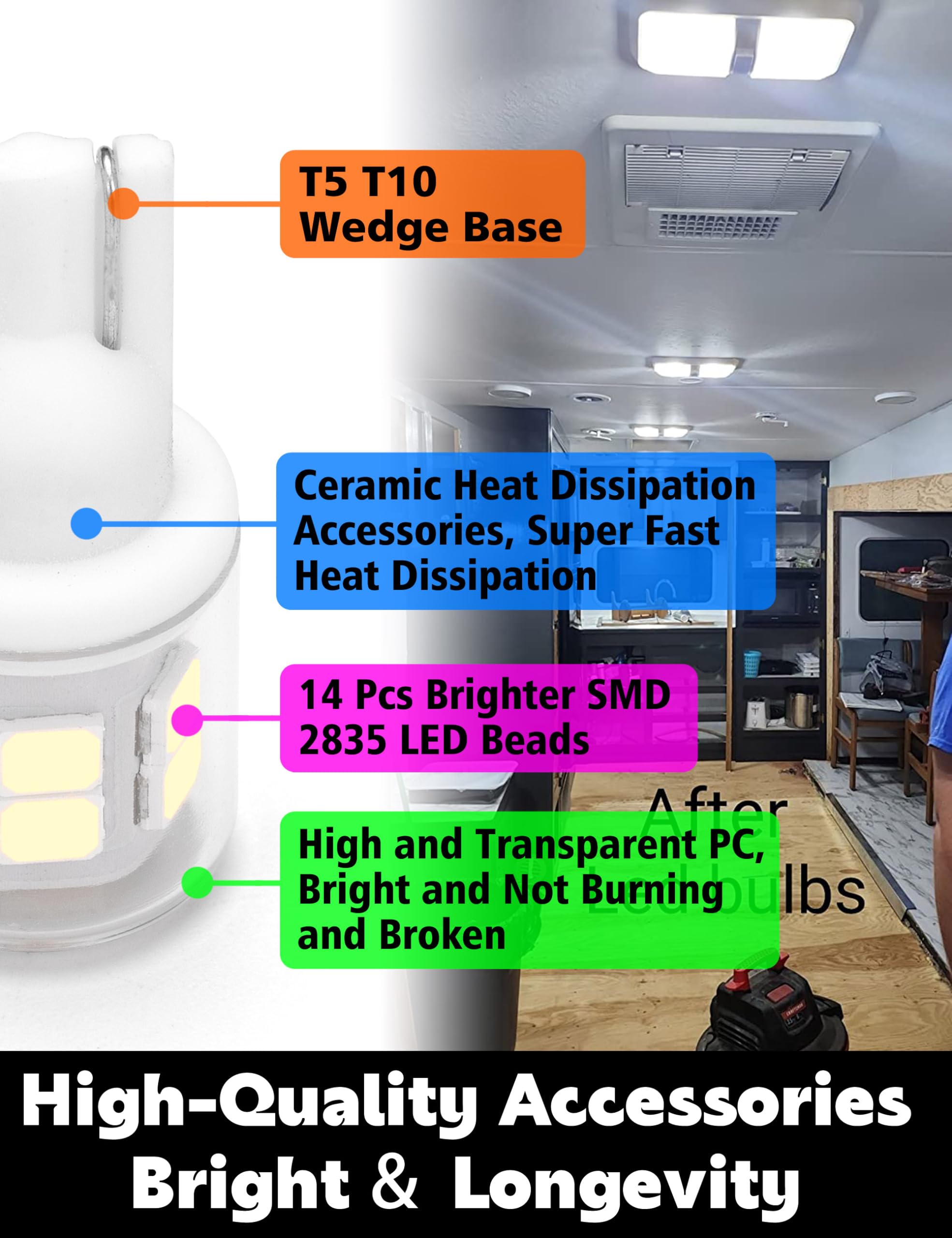 T5 T10 Wedge Base Led Bulbs 12-24V Low Voltage Landscape, 3W 300Lm Equivalent To 30W Halogen, 6000K Daylight White For Interior