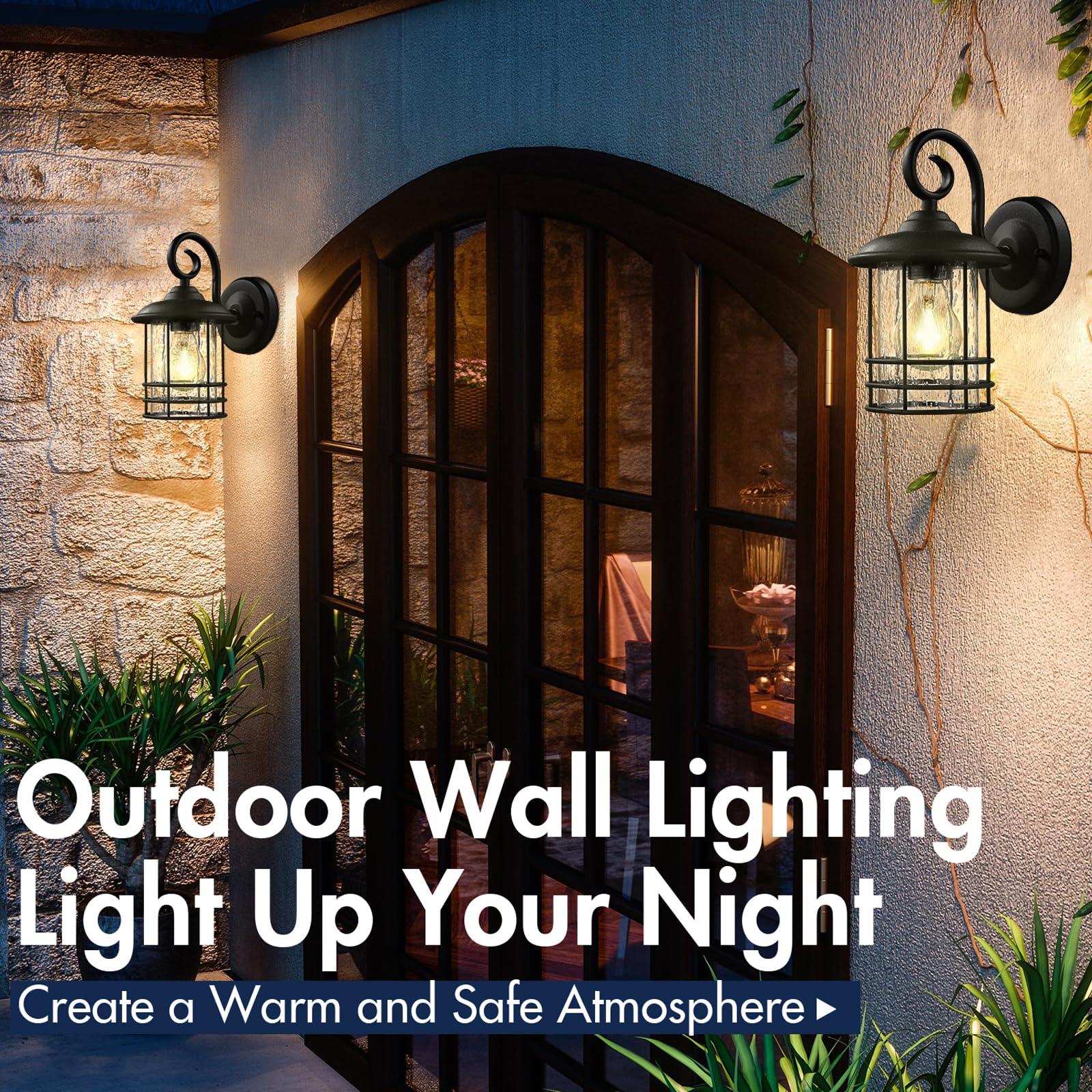 Emliviar 1-Light Outdoor Wall Lantern Twin Pack, Black Finish With Seeded Glass