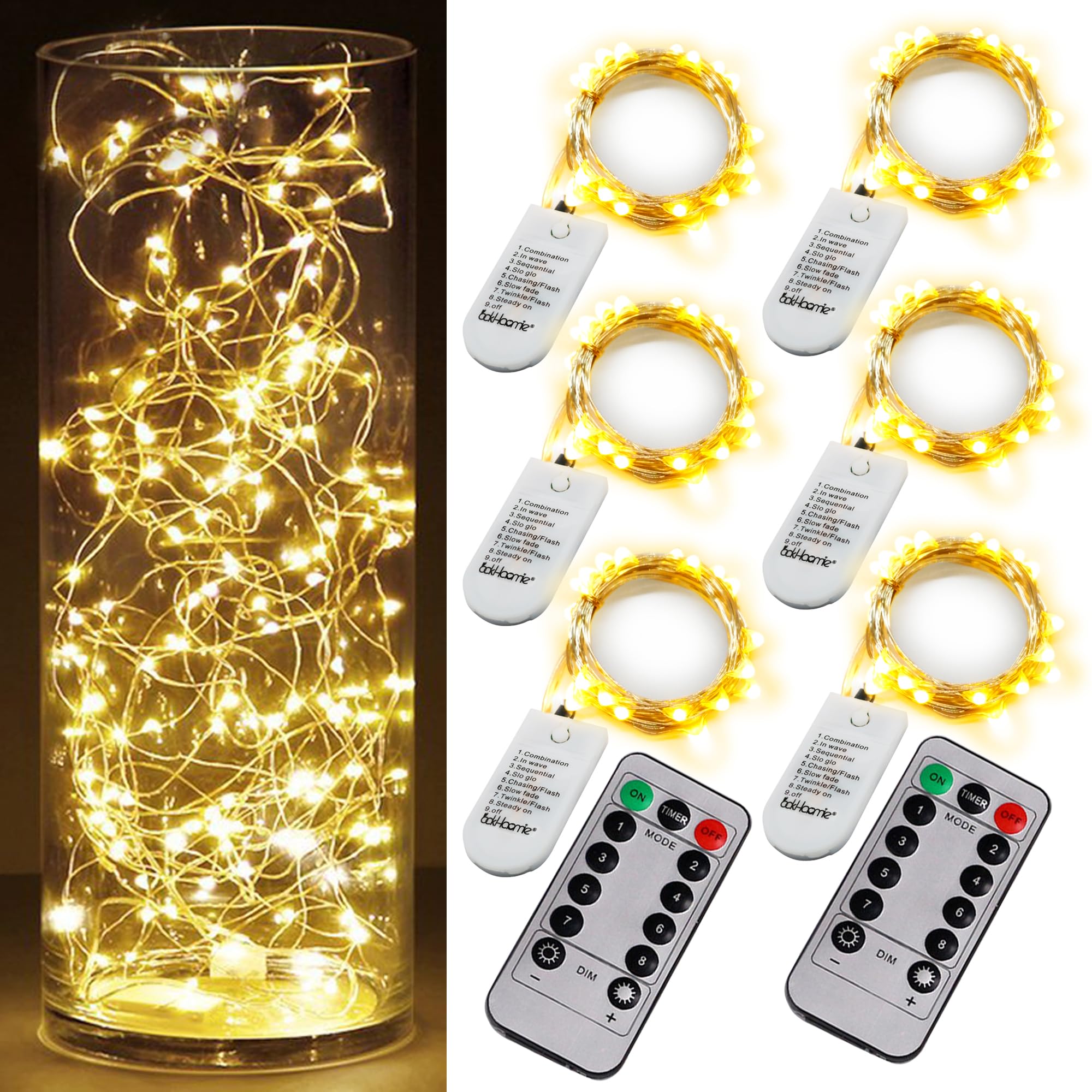 OakHaomie 6 Pack Fairy Lights, 20LED Warm White, 6.5ft with Timer & Remote, Waterproof Silver Wire, Model HM002