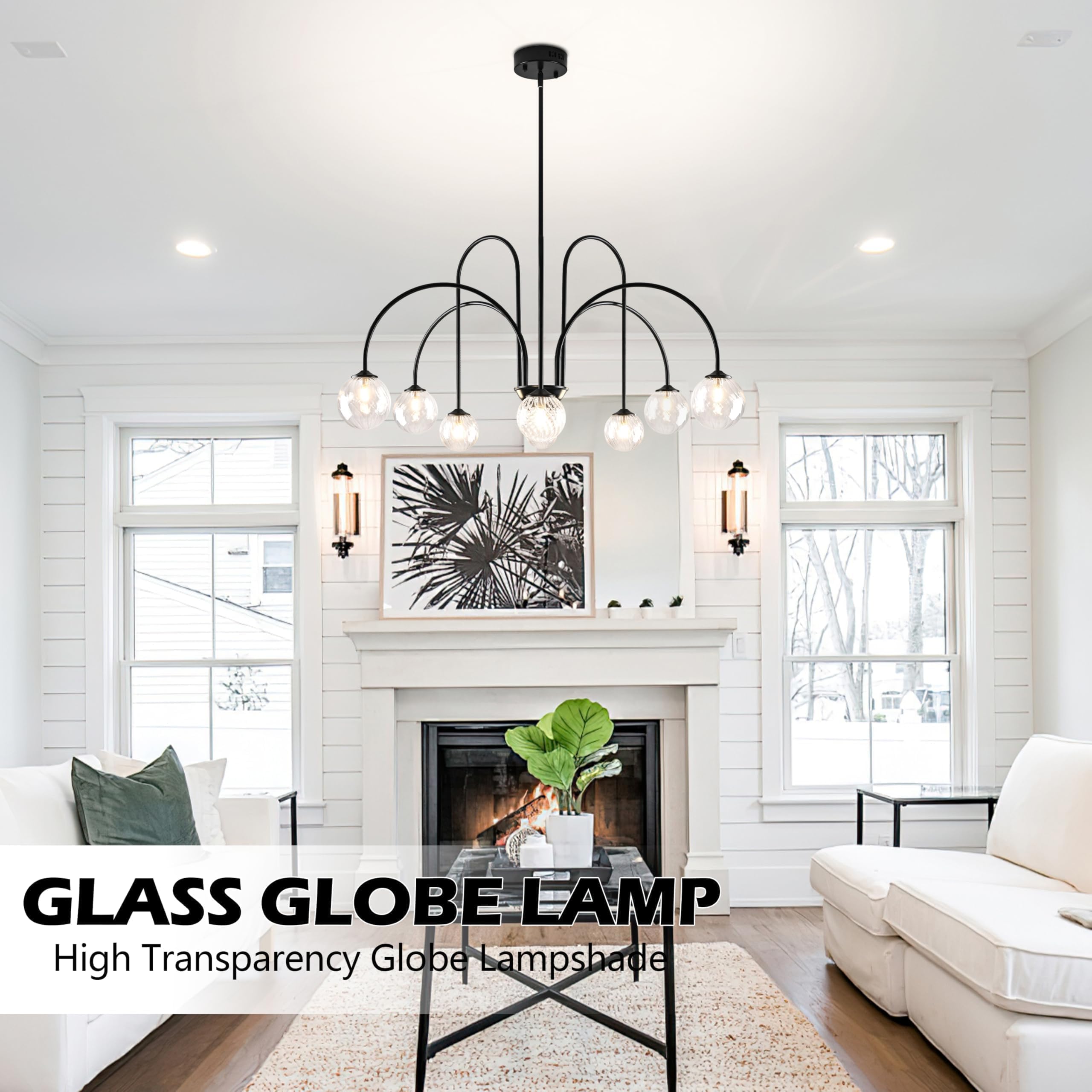 Bagood 8-Light Black Sputnik Chandelier, 38.5” Clear Glass Shade, Metal Fixture, Model DGQ-U08-QH for Bedroom Kitchen