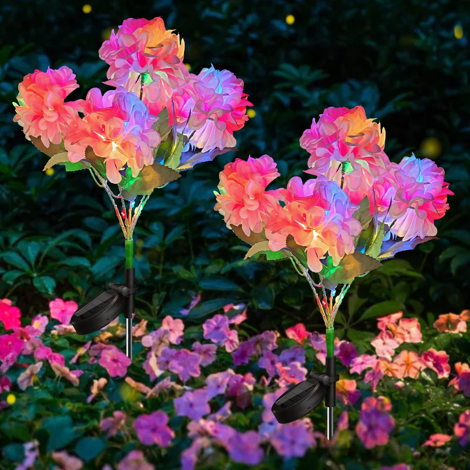 Neporal Solar Flowers Hydrangea, 5-Head Outdoor Lights, Waterproof IP65, 2 Packs, 4-Color Light, 2 Lightning Modes