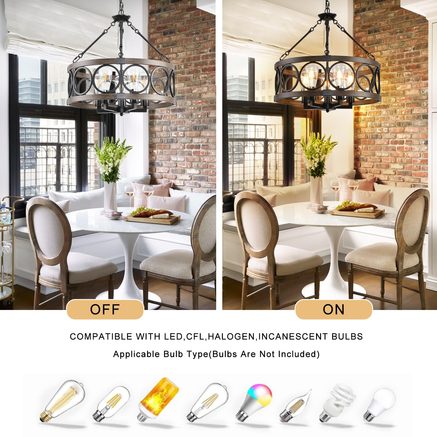 SHIANDAR 5-Light Flush Mount Ceiling Light, Height Adjustable Rustic Black Chandelier, Model MYX-005-TYdk-mwBKmLT-5L