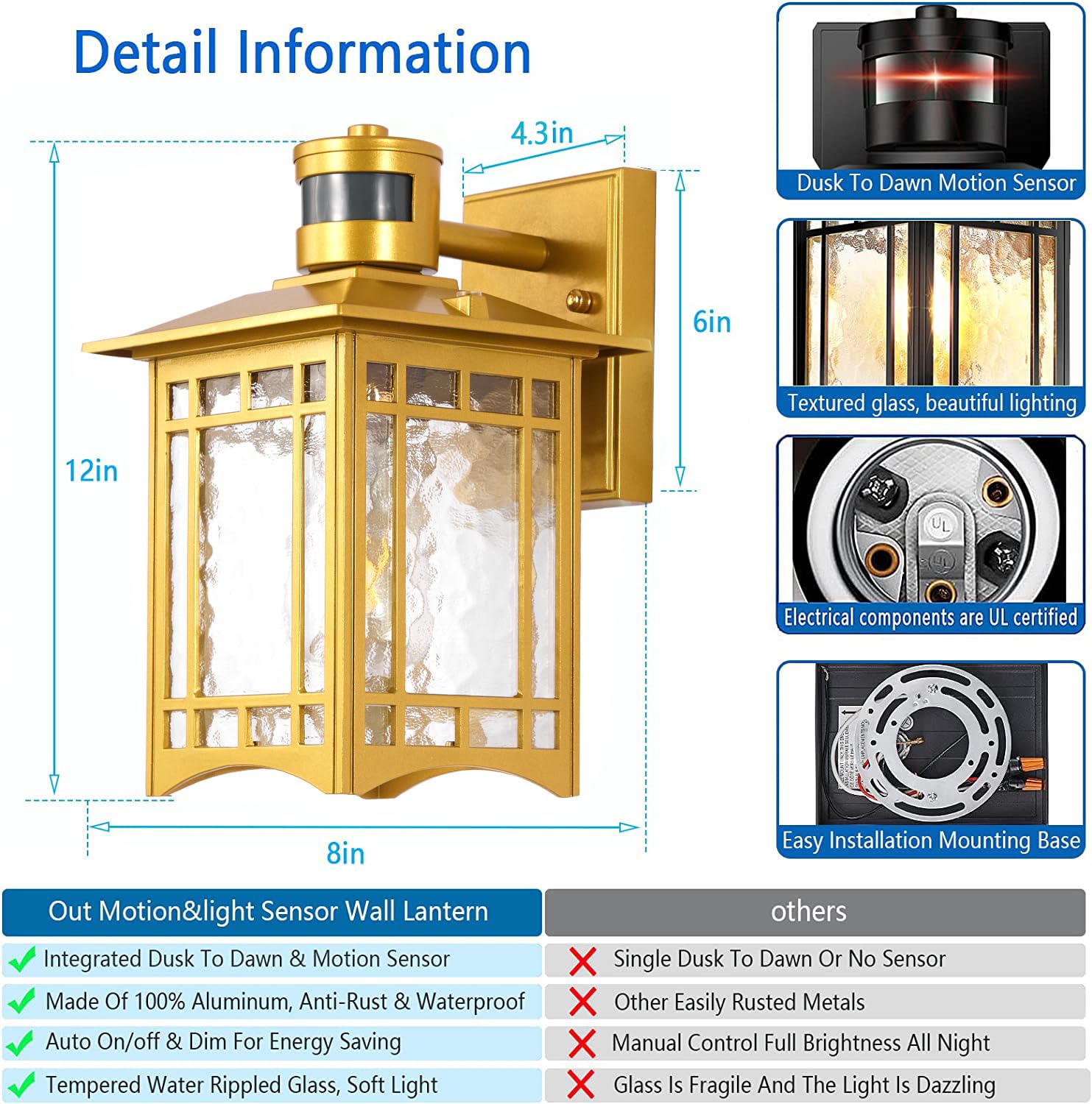 Xangqan Dusk To Dawn Motion Sensor Light, Outdoor Light Fixture, Golden Wall Sconce Lighting, Front Porch Light, Exterior Lights