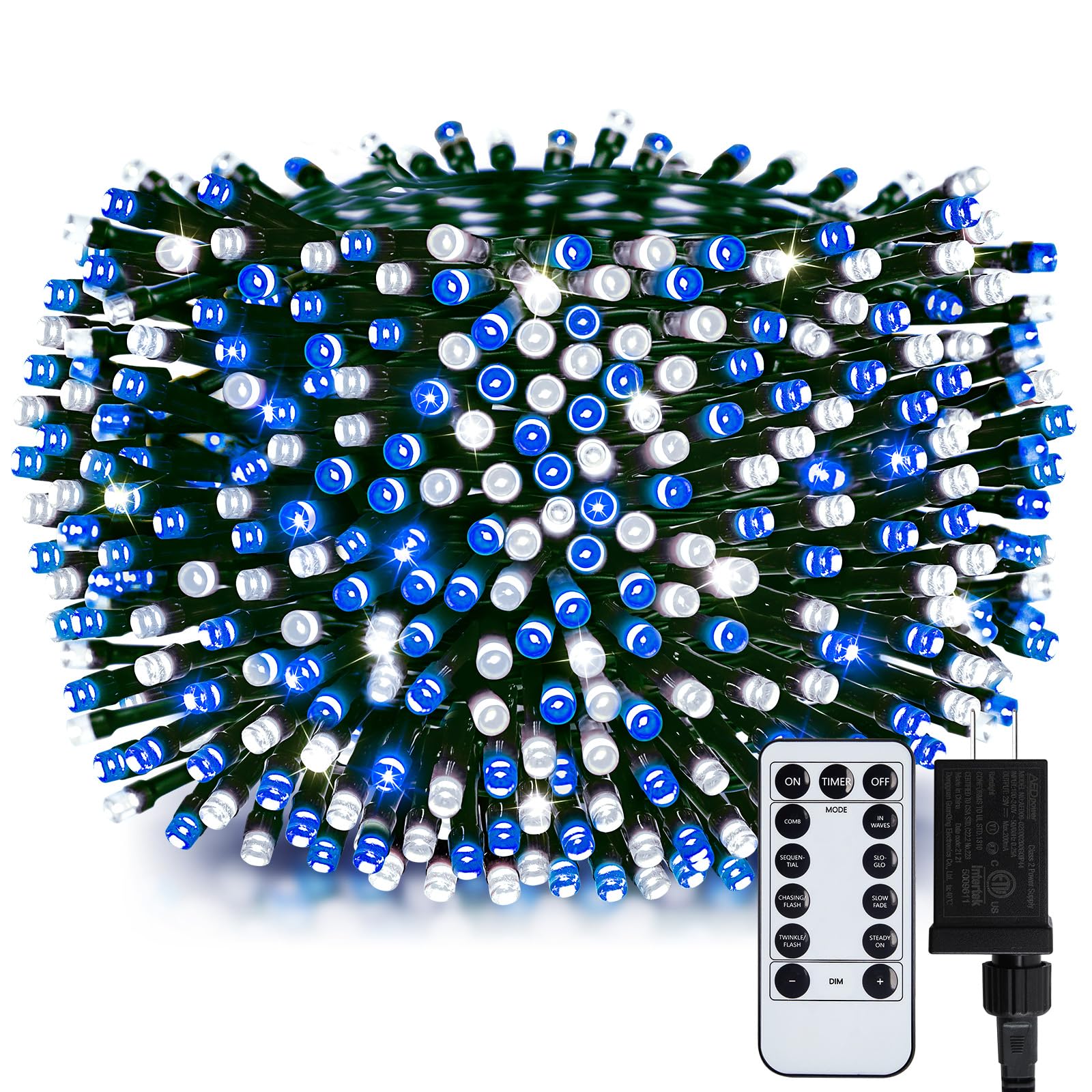Minetom 1000 LED Christmas Tree Lights, 328 Ft, Blue & Cool White, Waterproof, 8 Modes, Remote, Indoor/Outdoor, Green Wire