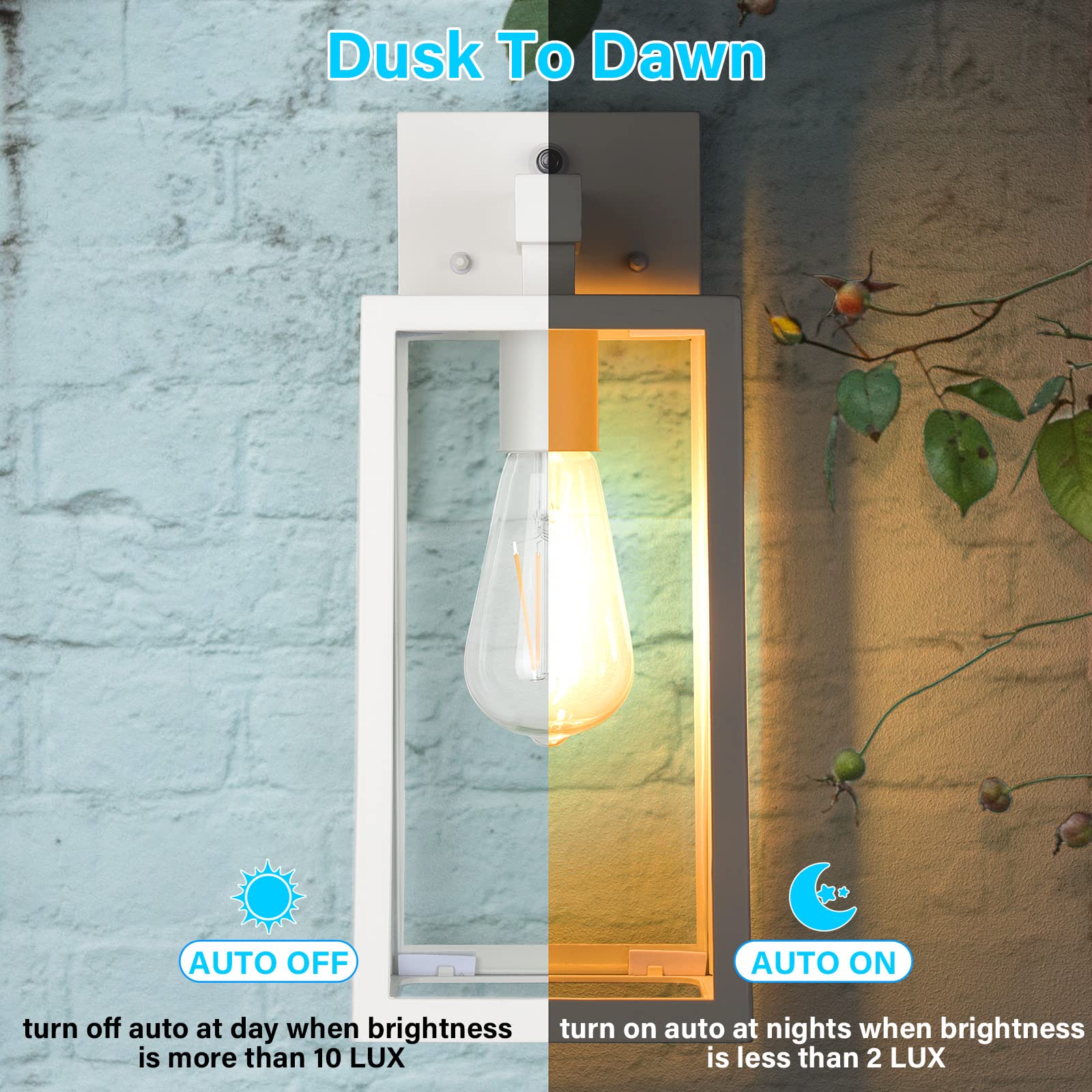 SHINE HAI Dusk to Dawn Outdoor Wall Lantern, Waterproof Sconce Light, E26 Socket, Large, White, Model 2032T-LS, 2 Pack