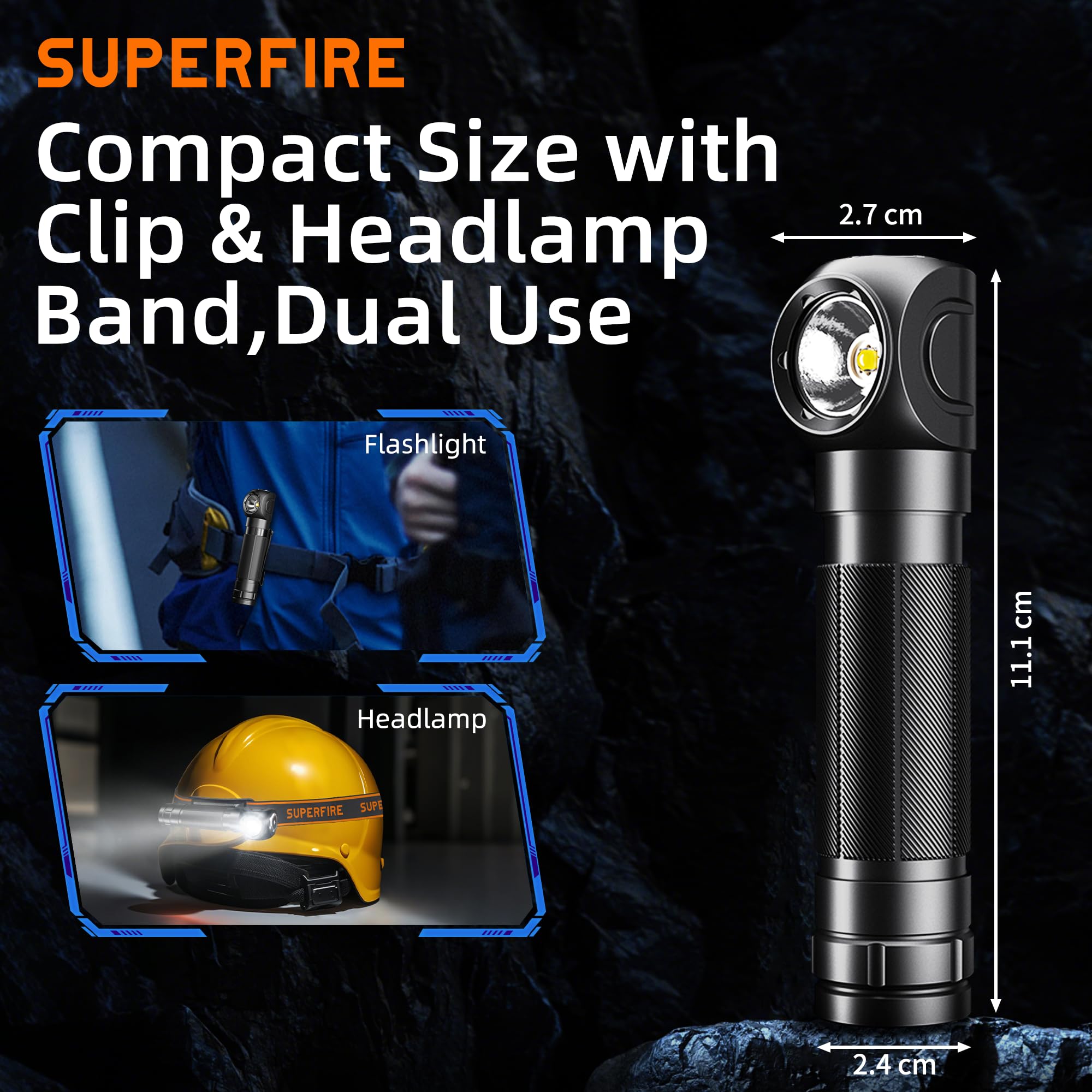 SuperFire Headlamp Flashlight, 600 Lumens, Rechargeable, Waterproof TH06, Mini, Aluminum