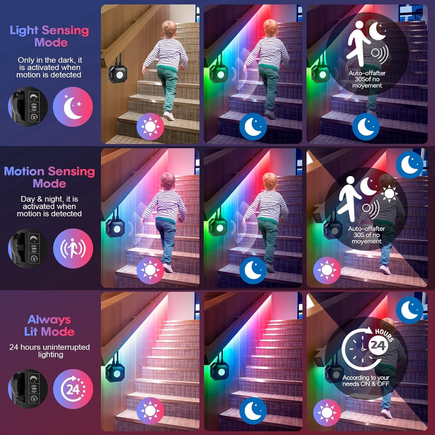 HUEMIHUI Motion Sensor LED Strip Lights, RGB Color, 2 Kits, 13.12Ft Each, Polyvinyl Chloride, App & RF Remote Control