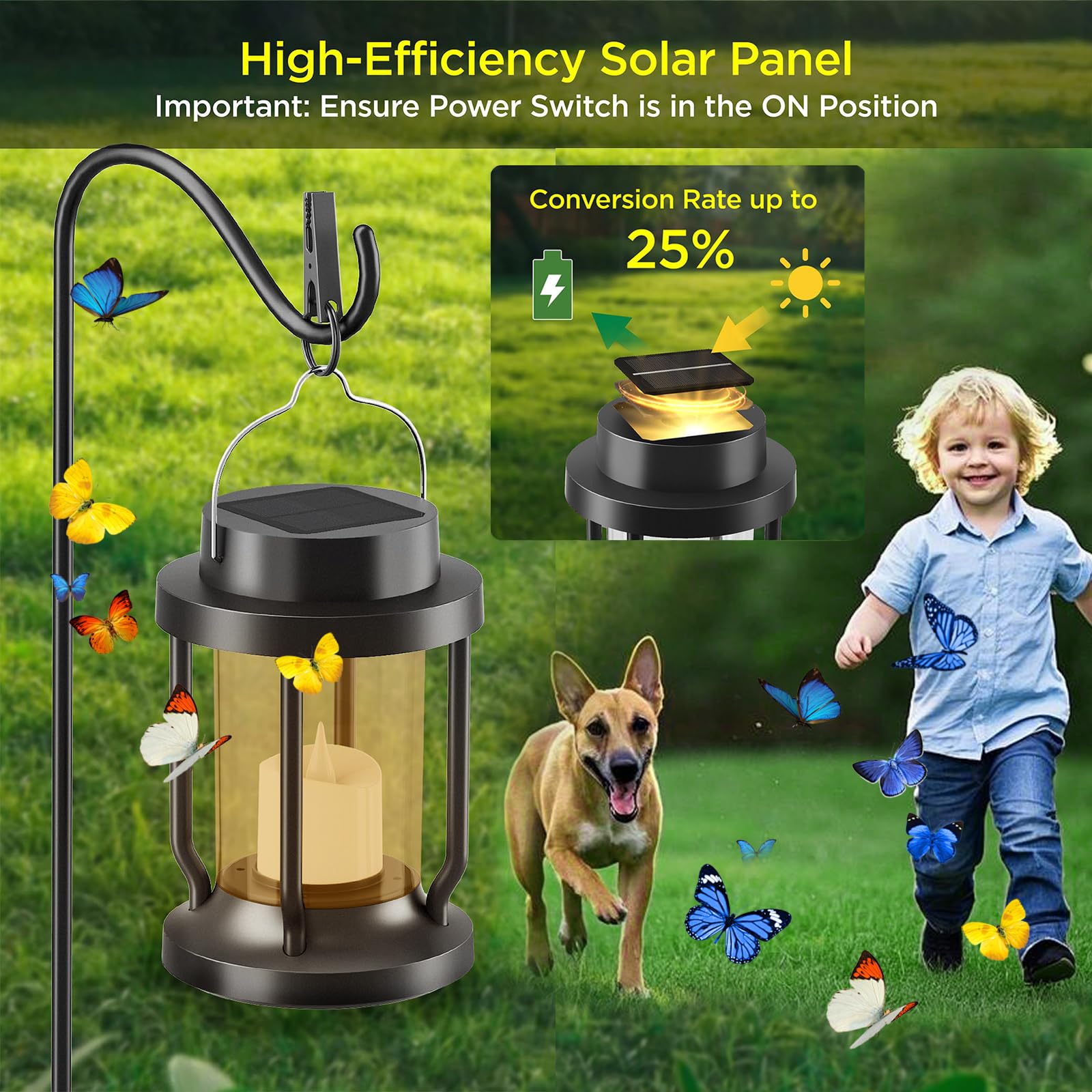 FriutShine Solar Lantern - Hanging Flickering Flameless Candle, Weatherproof, 2 Pack, Black + Amber, Model L01