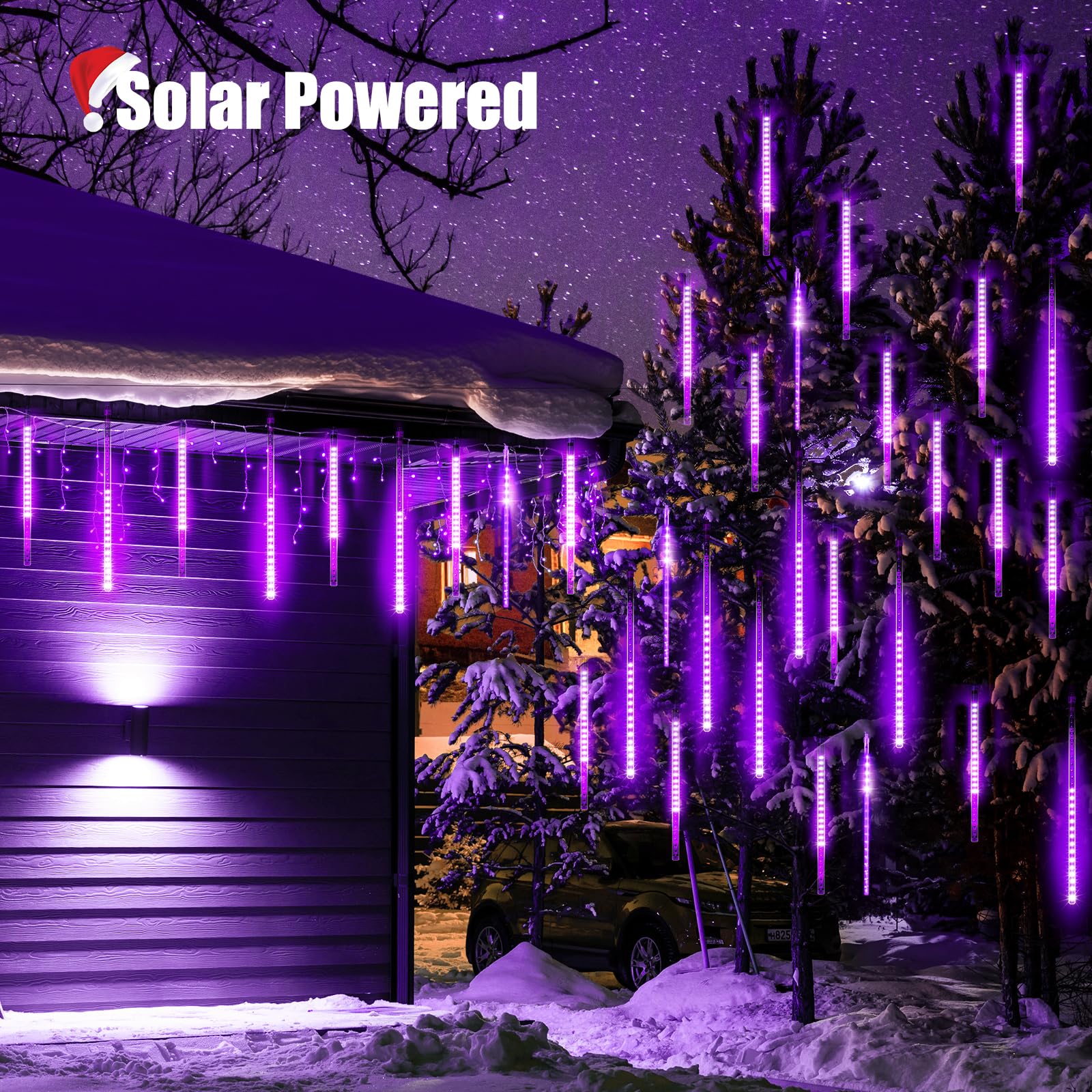Purple Solar Christmas Lights, 576 Led Solar Meteor Shower Lights With 16 Tubes, Icicle Fairy String Lights For Christmas Decora