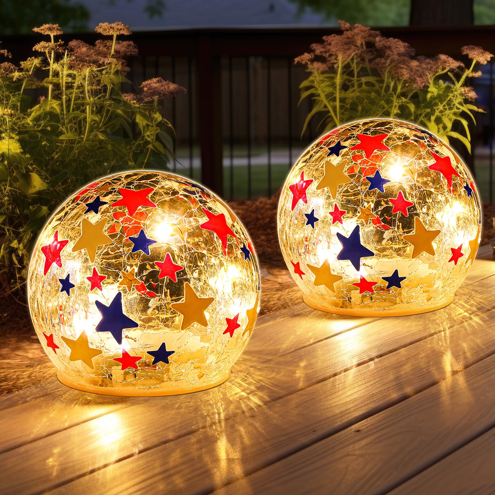 Rossesay 2 Pcs 3.9 4th of July Crackle Glass Night Lights, Waterproof Battery Operated Star Globe Ball Lamps, Red Blue Independe