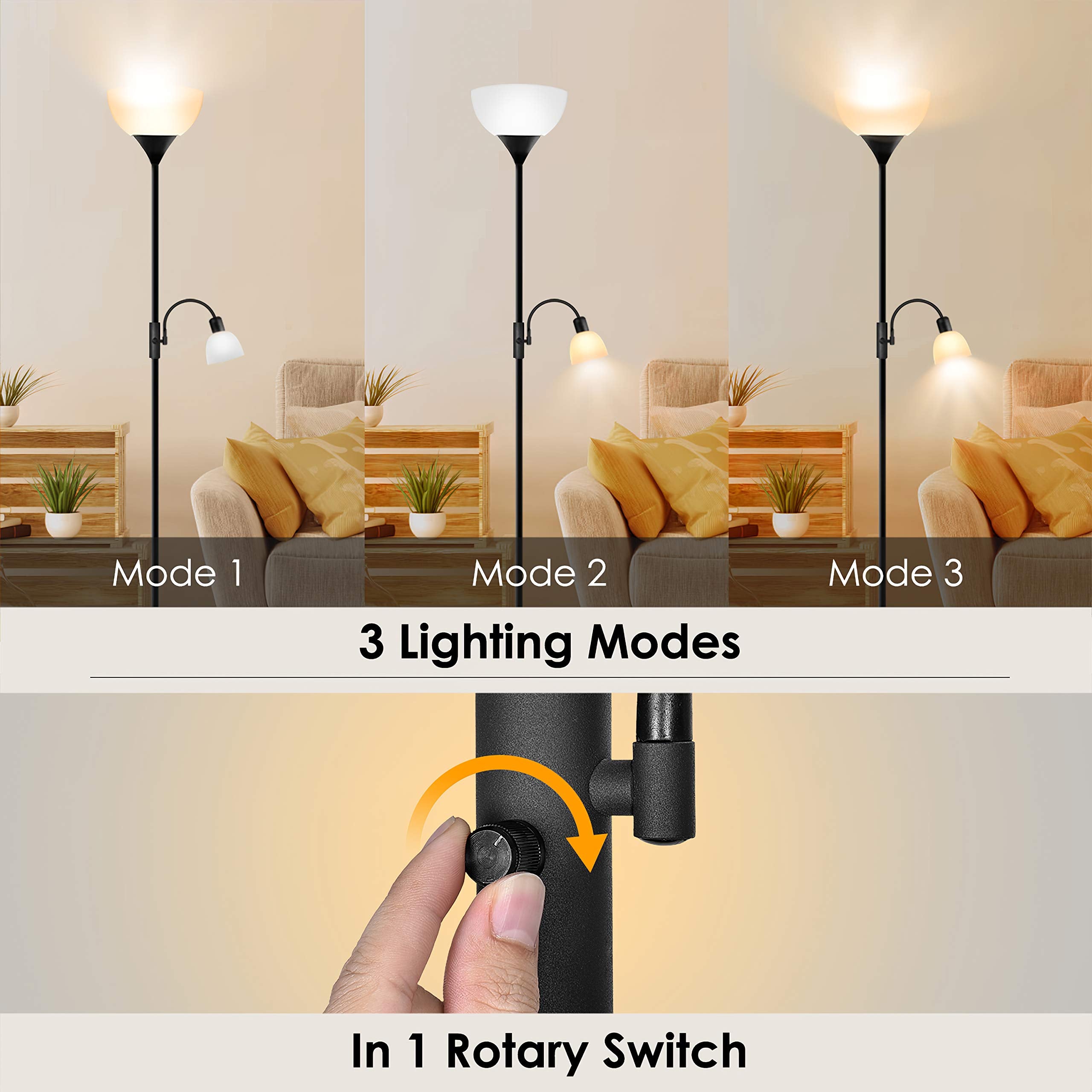 BoostArea Floor Lamp, Torchiere with Adjustable Reading Lamp, 71in Tall, Metal, Black, Model HD002ZMH