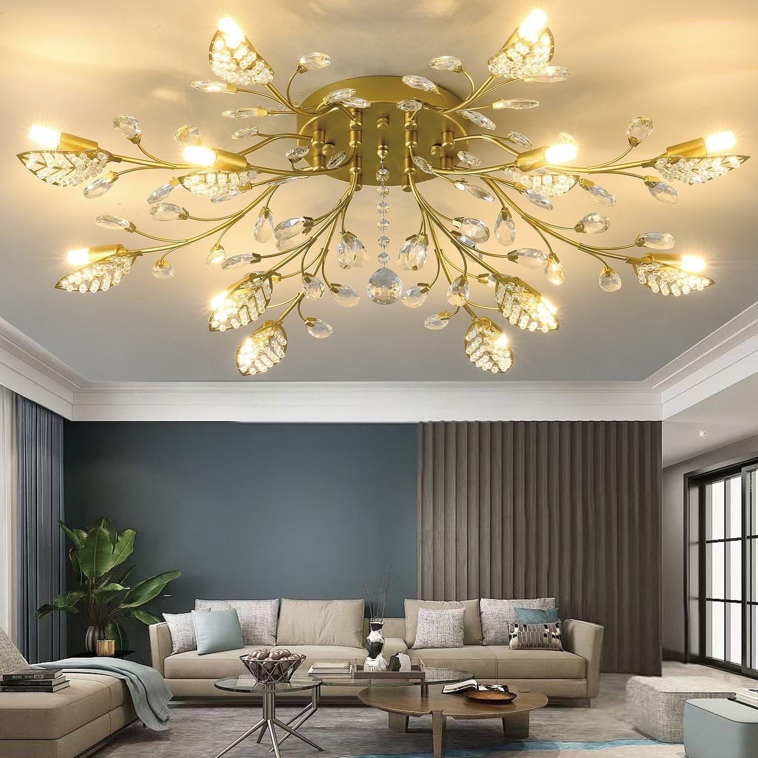 Ridiss Crystal Flush Mount Ceiling Light, 12-Lights, Gold, Model SJD-15, Semi Flush Mount Chandelier for Dining Room, Living Room, Bedroom