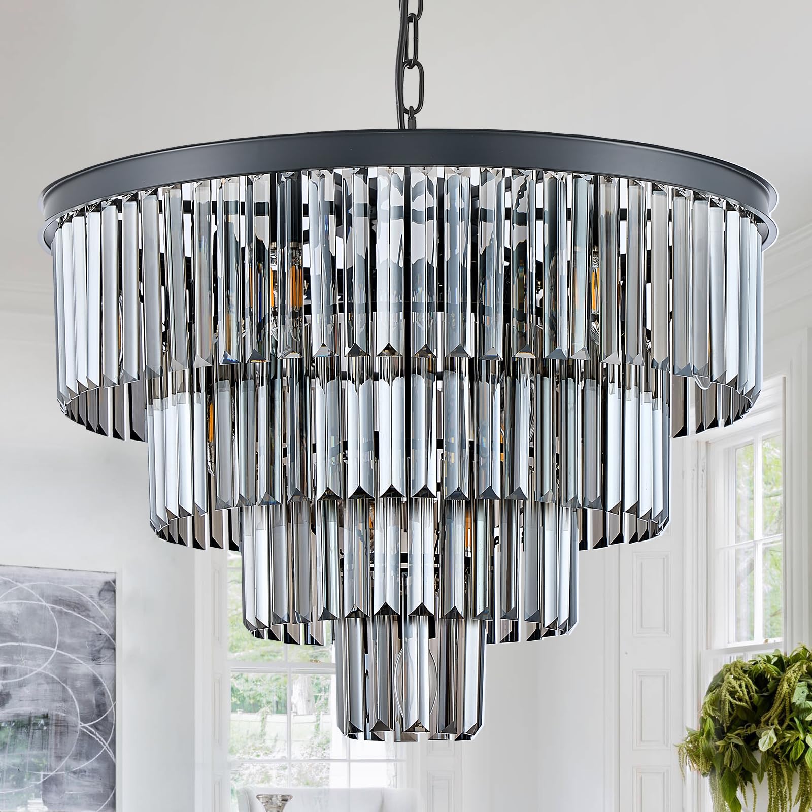CATINER 24 Modern Black Crystal Chandeliers Ceiling Round Smoke Gray Crystal Chandelier Elegant 4-Tier 12 Lights Pendant Light Fixture Contemporary for Dining Room Foyer Staircase Living Room