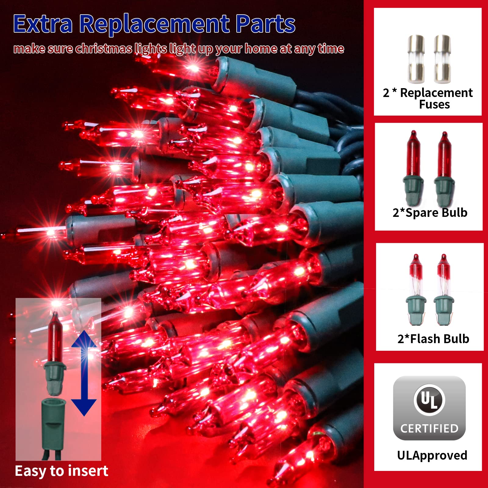 Twinglehome Ultra-Bright Connects End To End Red Christmas Mini Lights 300L 63.8Ft(2Sets-Each 150L)Ul Listed Incandescent Bulb String Light For Indoor Outdoor Holiday Garden Party Christmas Tree Decor