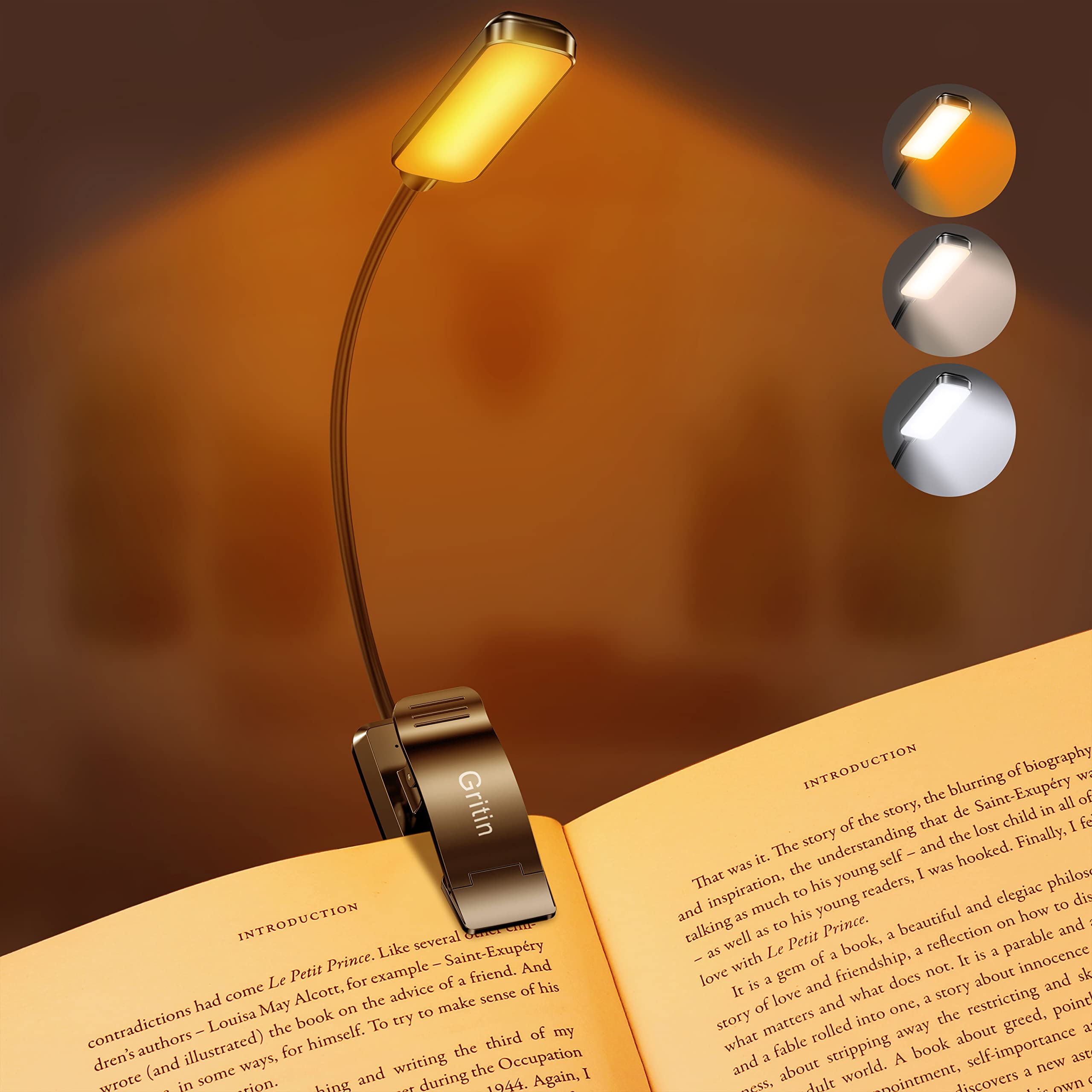 Gritin 9 Led Rechargeable Book Light For Reading In Bed -Eye Caring 3 Color Temperatures,Stepless Dimming Brightness,12+Hrs Runt