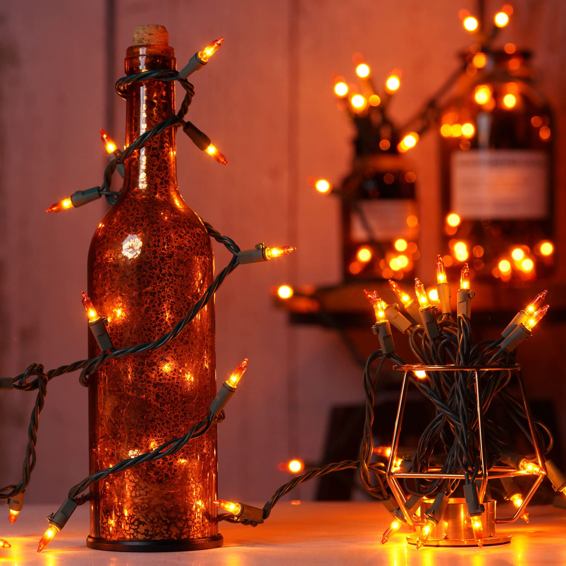 YULETIME Orange Christmas Lights, 66ft 200 Count, UL Certified, Amber Incandescent Mini Light Set, Green Wire, Pack of 2 Sets