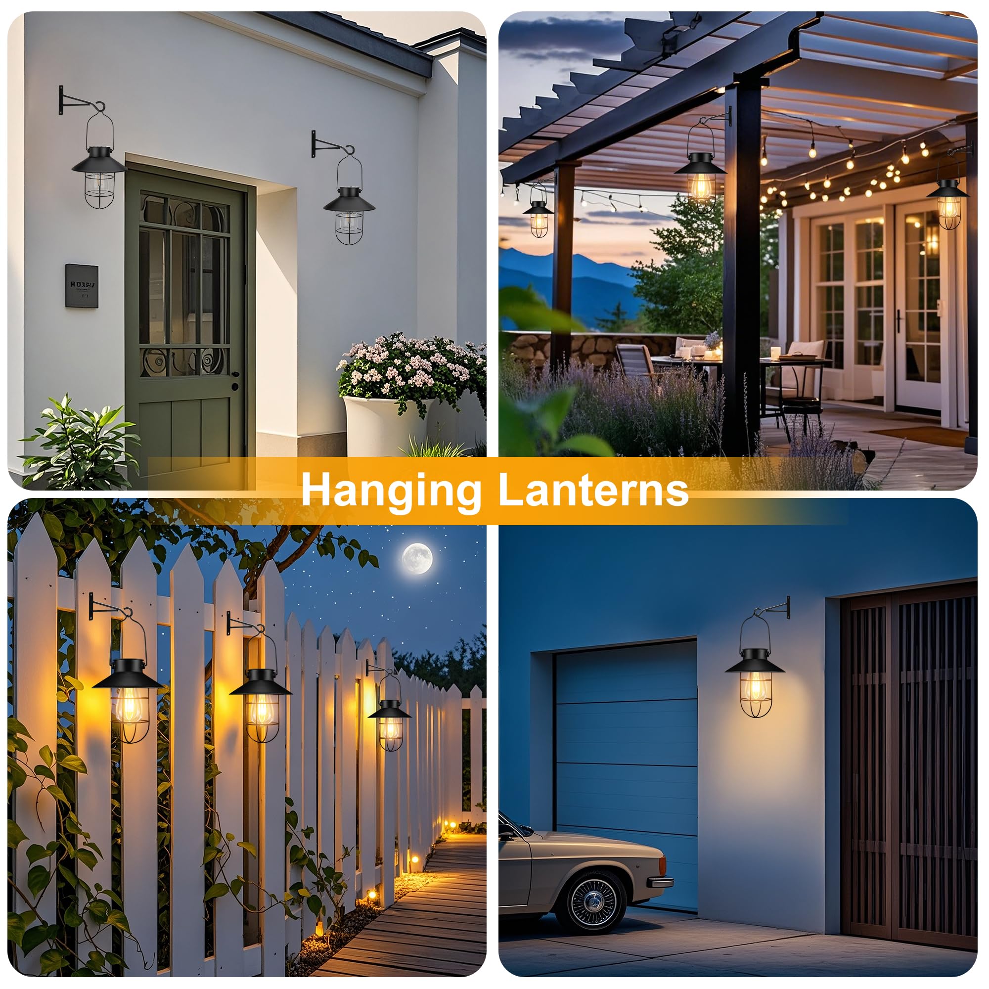 pearlstar Solar Lantern Outdoor Light - 2 Packs, Metal, Warm White Edison Bulb, Medium Size, Black, Model 049-M-pk2