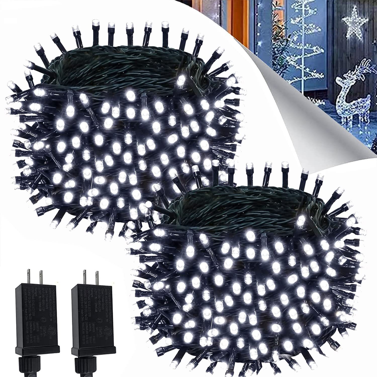 Ozs 2Pack 164Ft 400 Led Cool White Christmas String Lights, Waterproof, 8 Modes, Green Wire