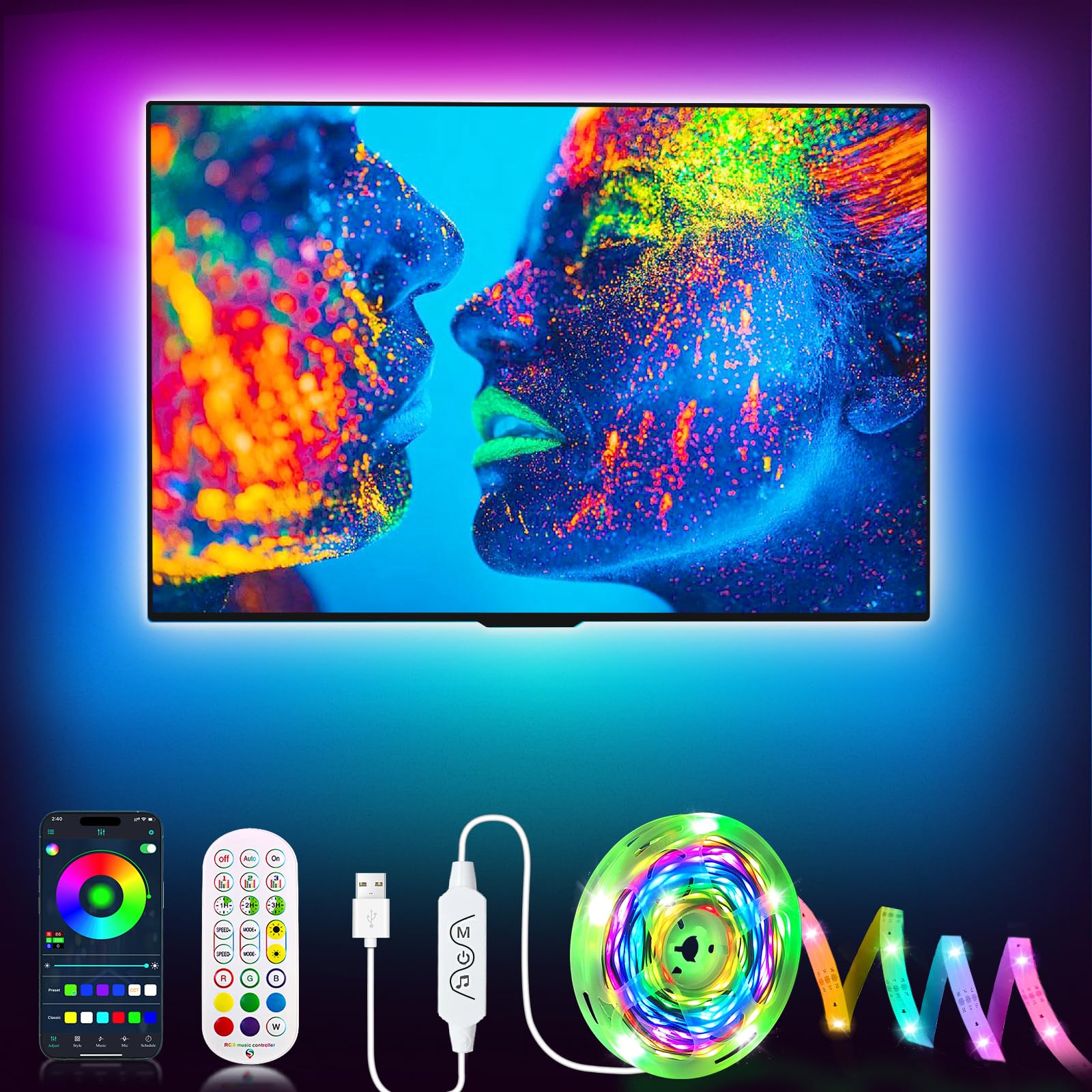 Daymeet TV Led Backlight, 23ft LED Lights for TV Behind for 75-100 inch, RGBICW TV Glow USB Led Light Strip for TV Lights Color 