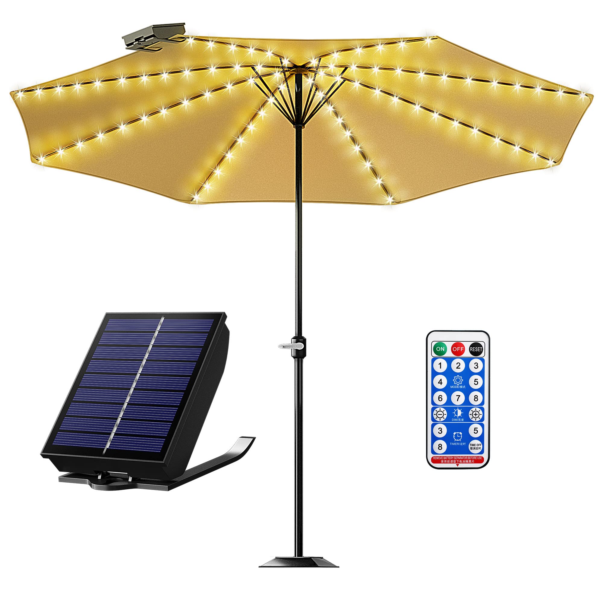 Eletorot Solar Patio Umbrella Lights,8 Lighting Modes String Lights with Clip,Remote Control Umbrella Pole Lights Solar Powered
