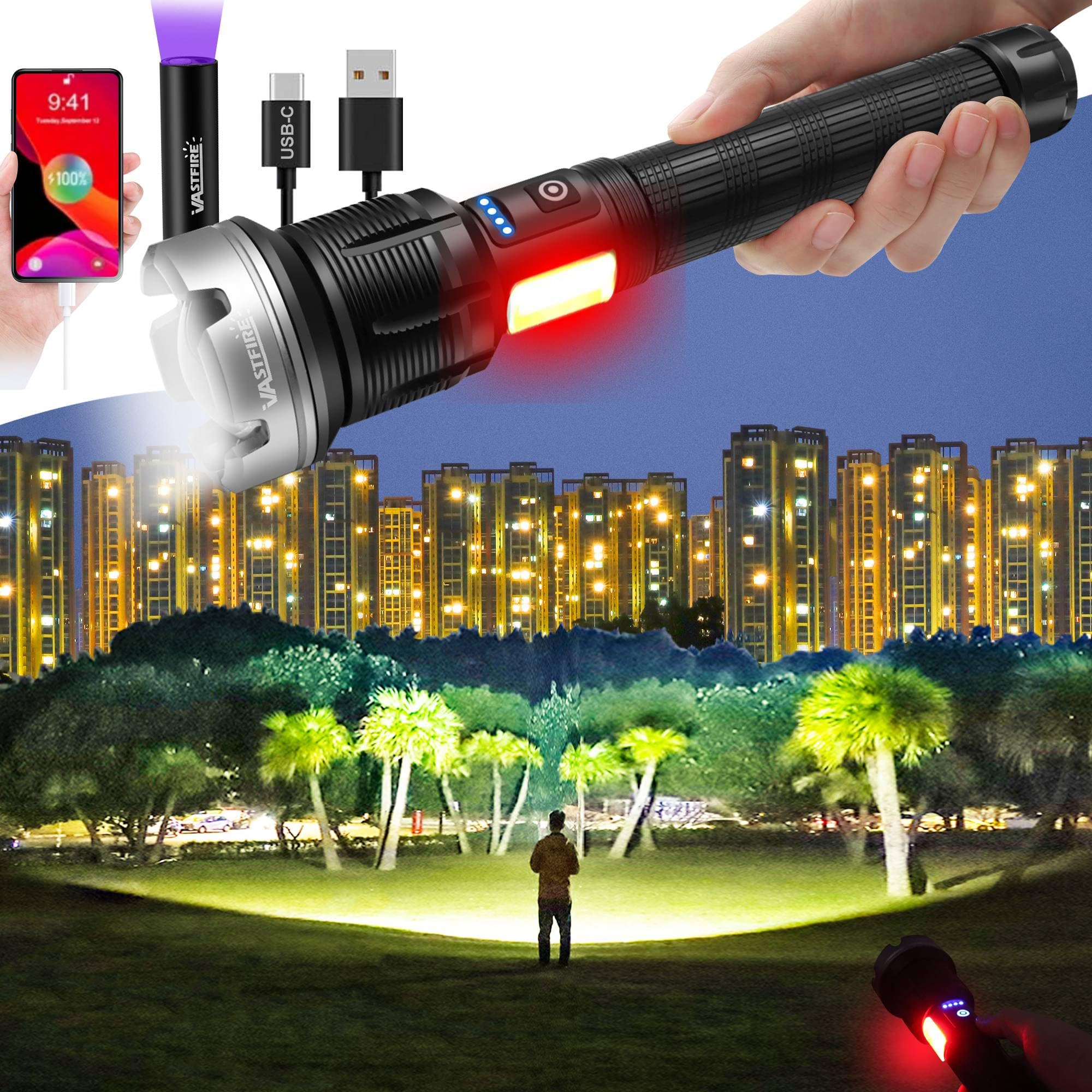 Vastfire High Lumens Rechargeable Flashlight & Mini Uv Light For Emergencies, Camping, Home