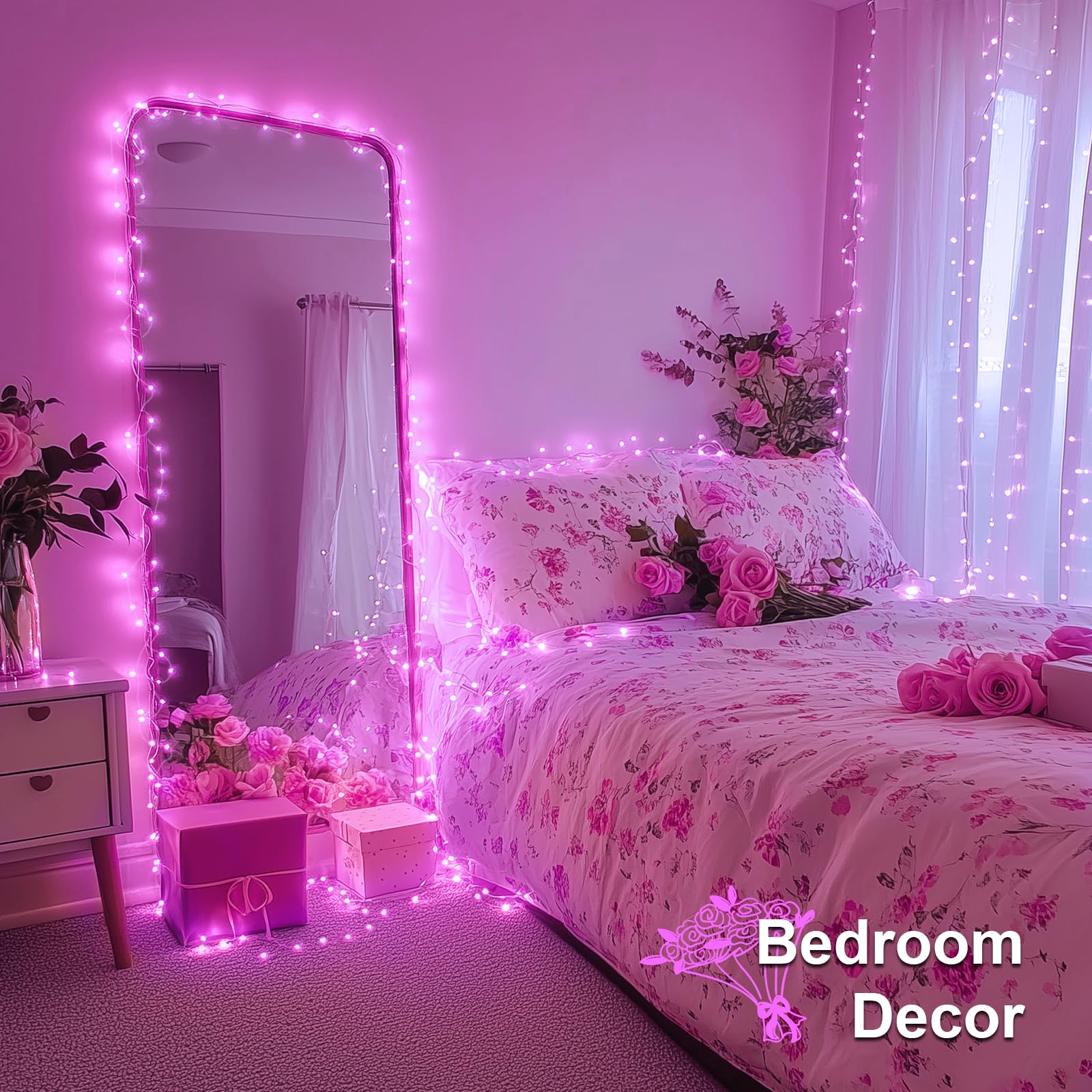 JMEXSUSS 200 LED Pink Fairy Lights, Battery Operated, 33ft, 8 Modes, Remote Control, Perfect for Bedroom and Valentines Day Decor