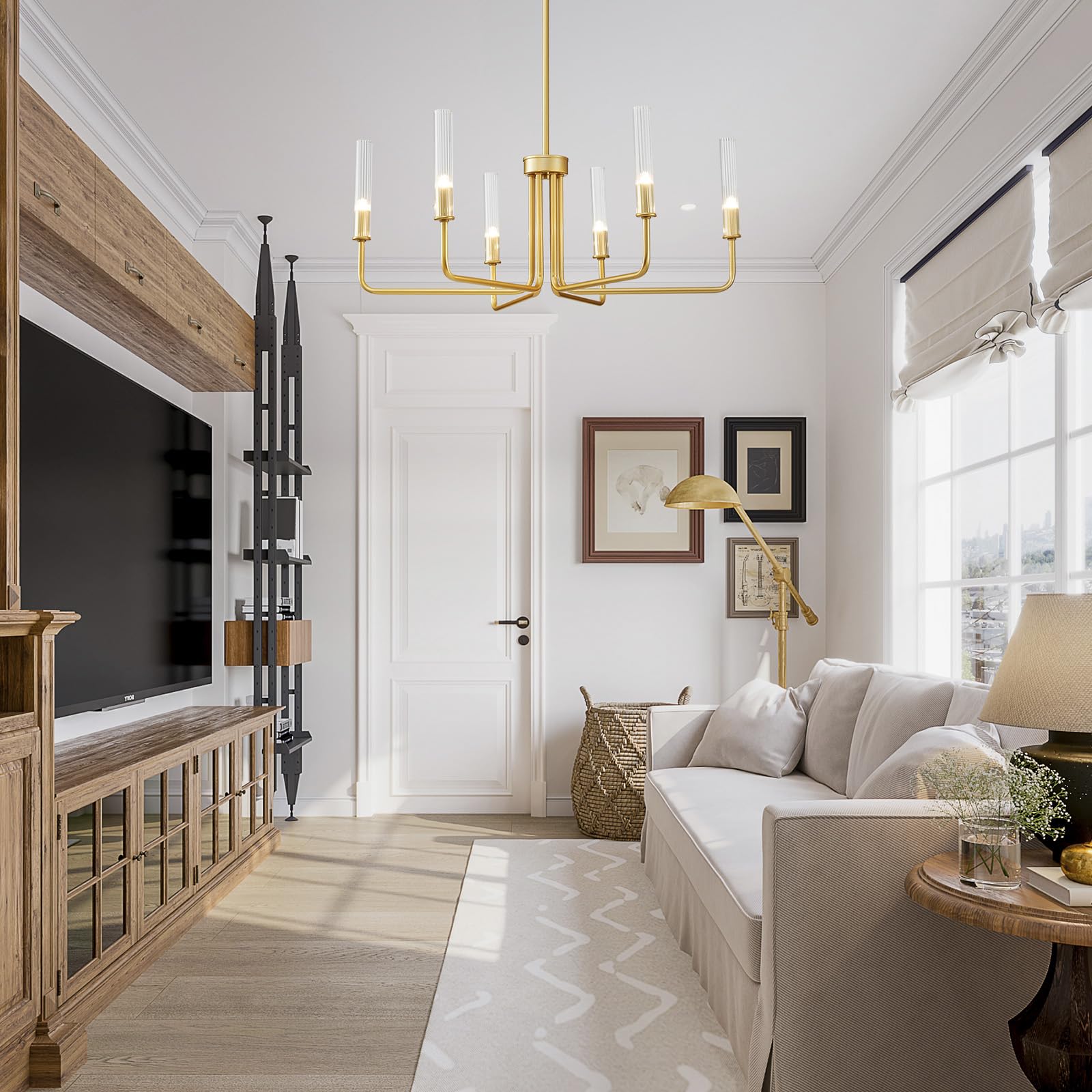 SM Saint Mossi Gold 6-Light Wagon Wheel Chandelier, Modern Pendant Light Fixture with Glass Shades for Dining Room and Living Room, Model 24001G