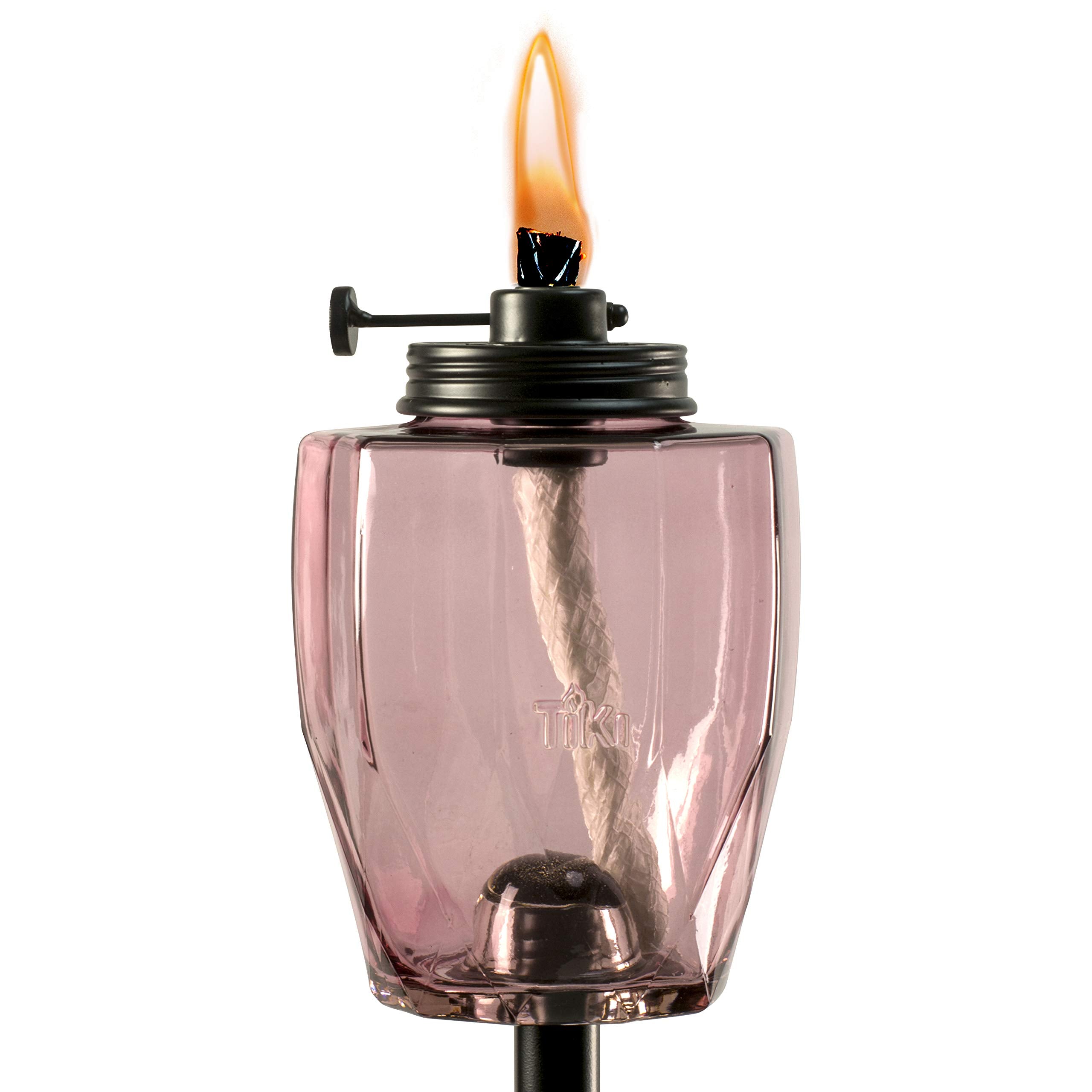 TIKI Glass Torch - 64in Adjustable Flame Outdoor Lighting, Weather-Resistant, Pink, Model 1118019