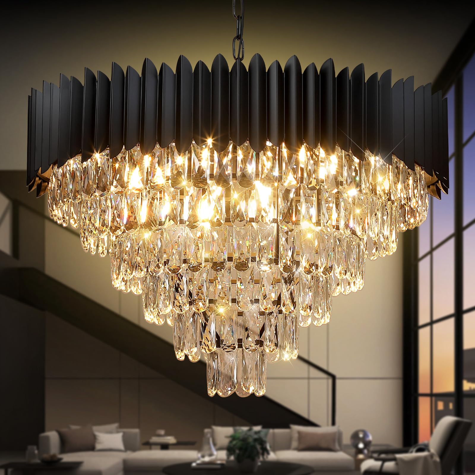 A AXILIXI Large Crystal Chandeliers Modern 30   Black Ceiling Chandelier Light Fixture for High Ceiling 6 Tiers Round Pendant Ch