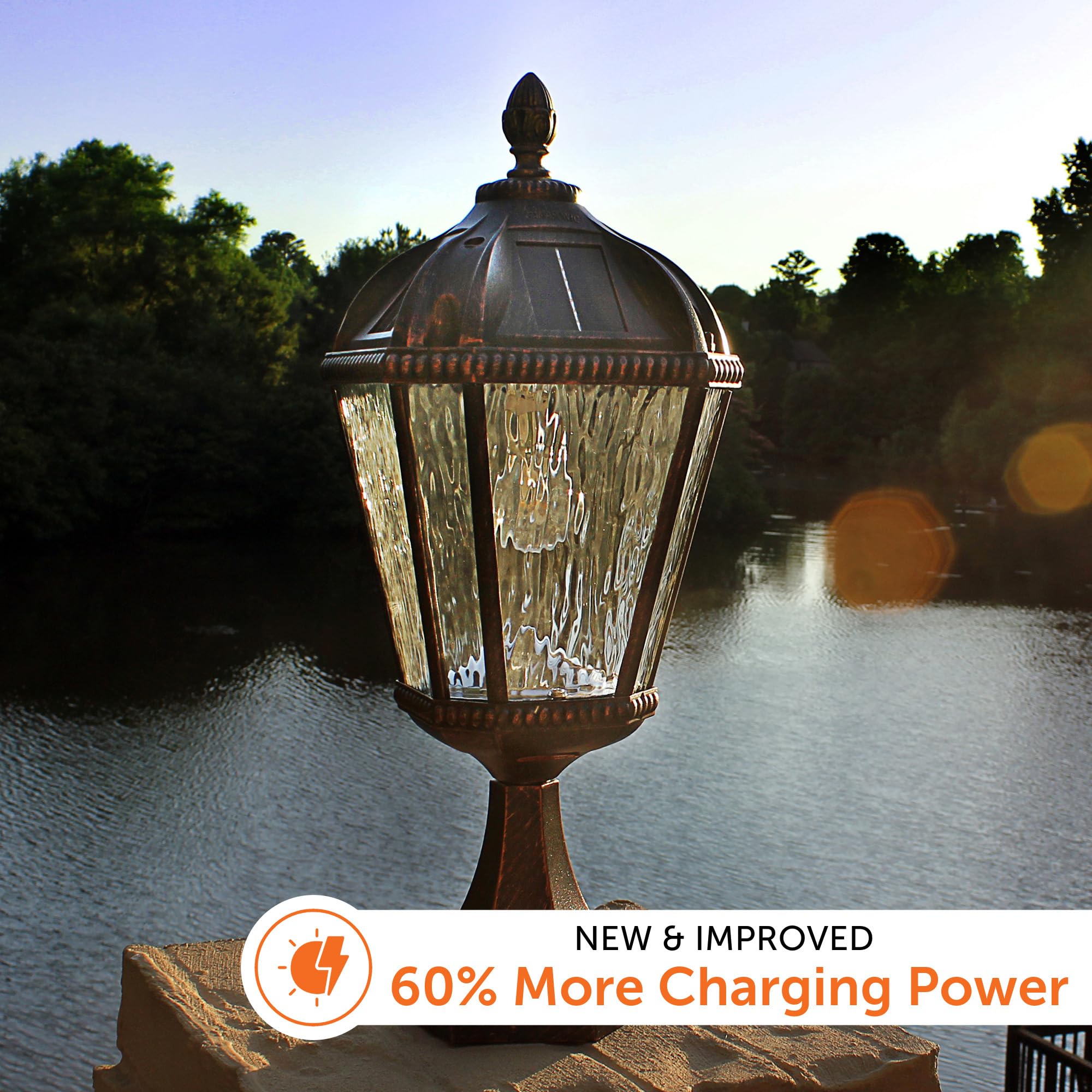 Gama Sonic Outdoor Solar Post Light with Pier Base, Brushed Bronze Finish Aluminum and Rain Glass, Royal Bulb 150 Lumens Warm Wh