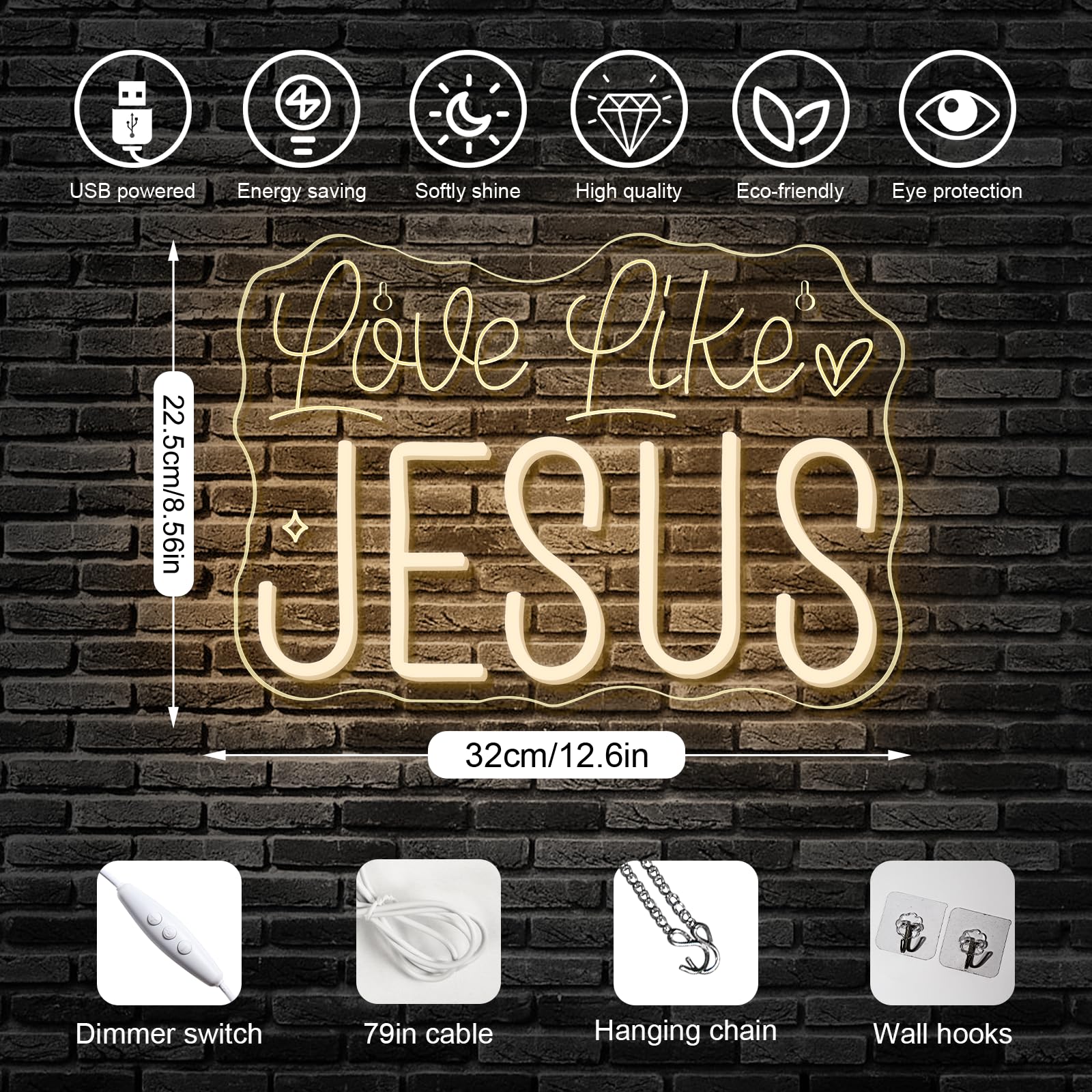 Horseneon Love Like Jesus Neon Sign - Scripture Led Wall Decor For Churches  Home Altars & Christian Gifts  Usb-Powered Adjustable Brightness  Faith-Based Lighting
