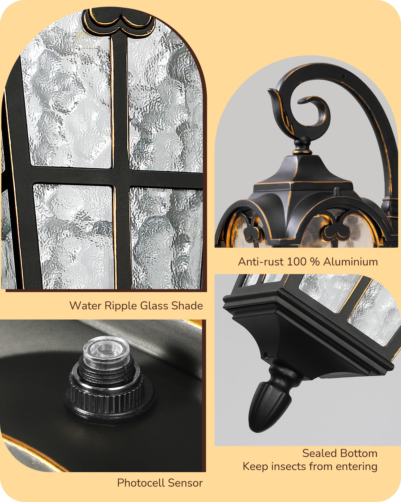 EDISHINE Dusk to Dawn Outdoor Wall Lights, Waterproof Black Aluminum Lanterns with GFCI Outlet, E26 Socket - 2 Pack