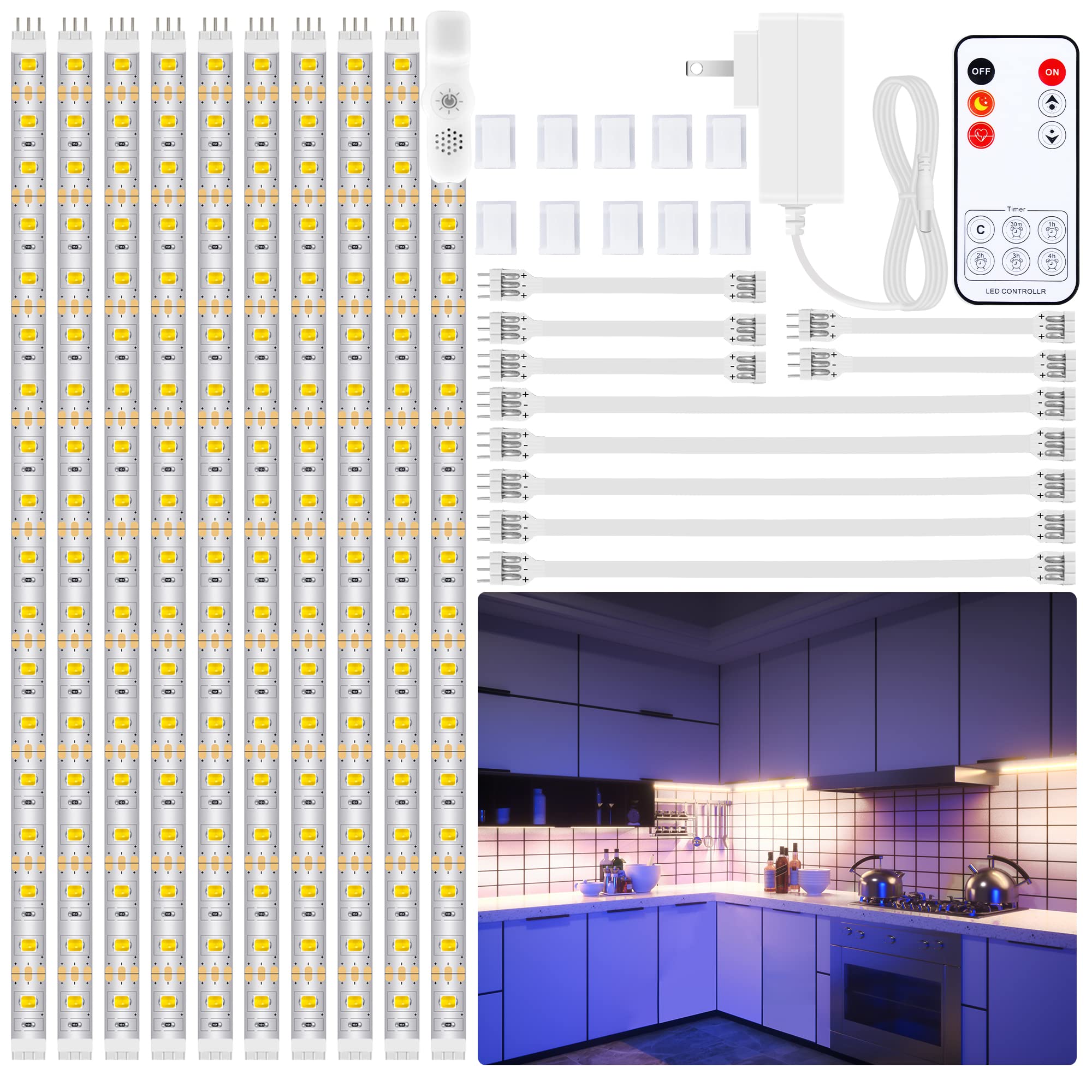 Lafulit 10 Pcs Under Cabinet Lights Kit, Stick On Lights, Flexible Led Strip Lights With Remote And Power Adapter, For Kitchen C