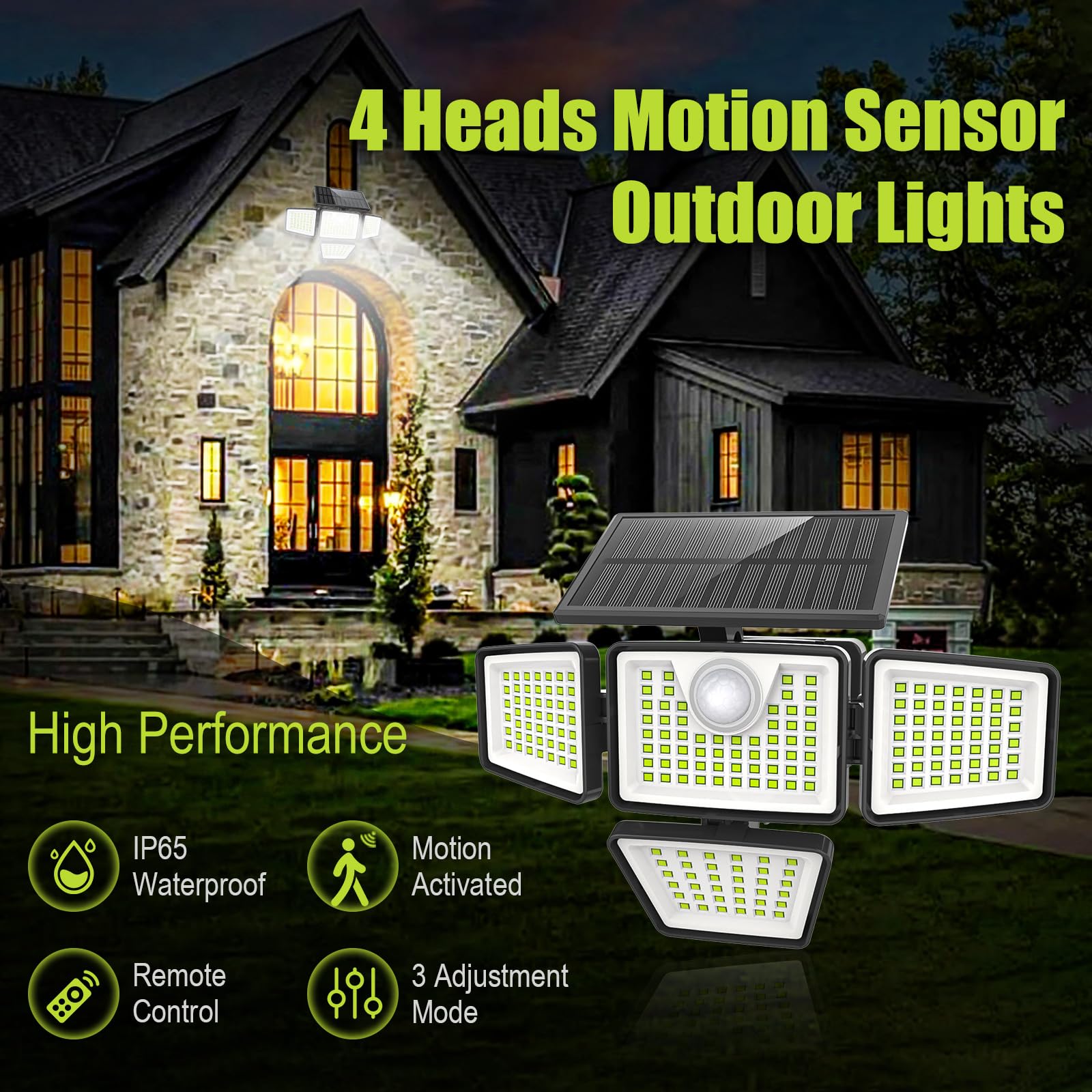 daphino 3000LM Solar Lights Outdoor, Motion Sensor, 4 Head, 270° Angle, IP65 Waterproof, 2 Pcs, Black