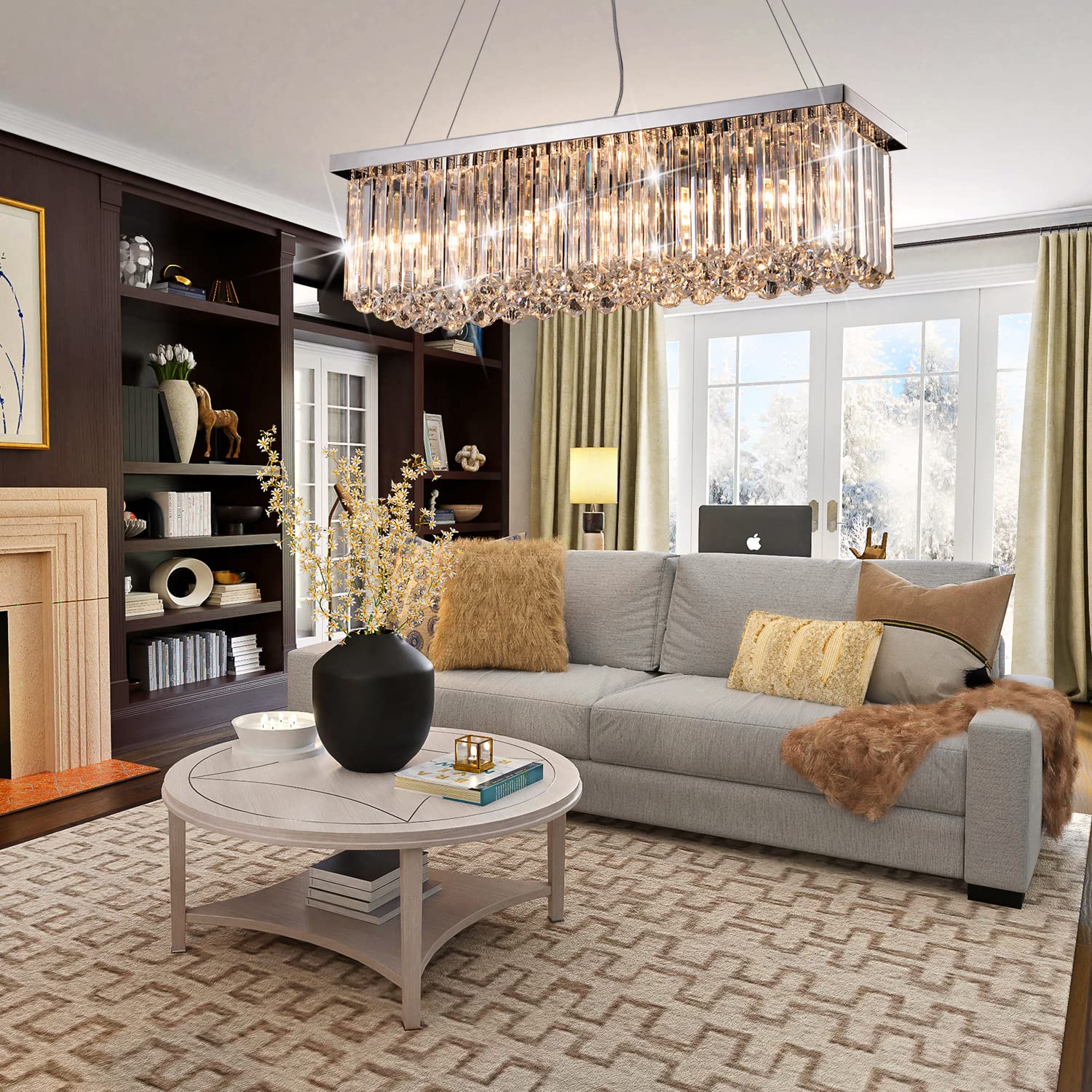 Modern Silver Rectangular Crystal Chandelier, Dining Room Chandeliers Over Table, Luxury Chrome Pendant Ceiling Light Fixtures F