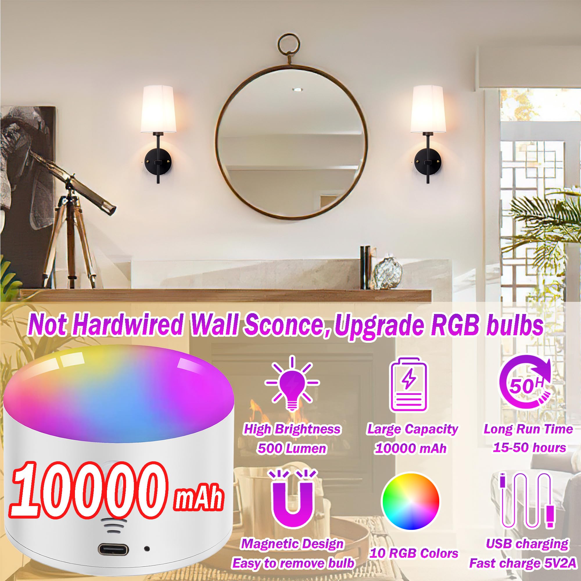 Battery Operated Wall Sconce Set Of 2, Wireless Dimmable Battery Powered Wall Lamp With Remote Control,Battery Wall Light With White Fabric Shade For Bedroom,Easy To Install,3 Color Temp Bulb Included